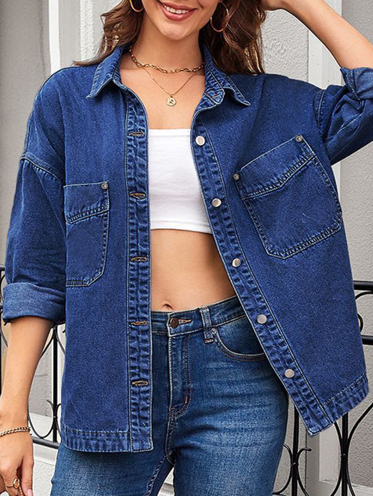 Retro loose casual split denim shirt