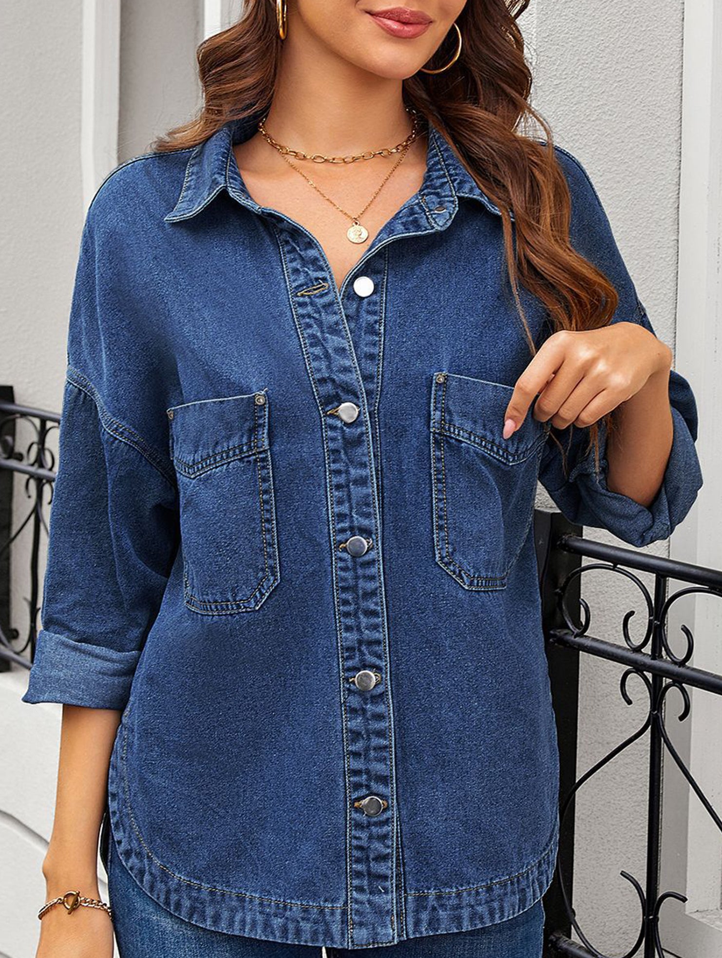 Retro loose casual split denim shirt