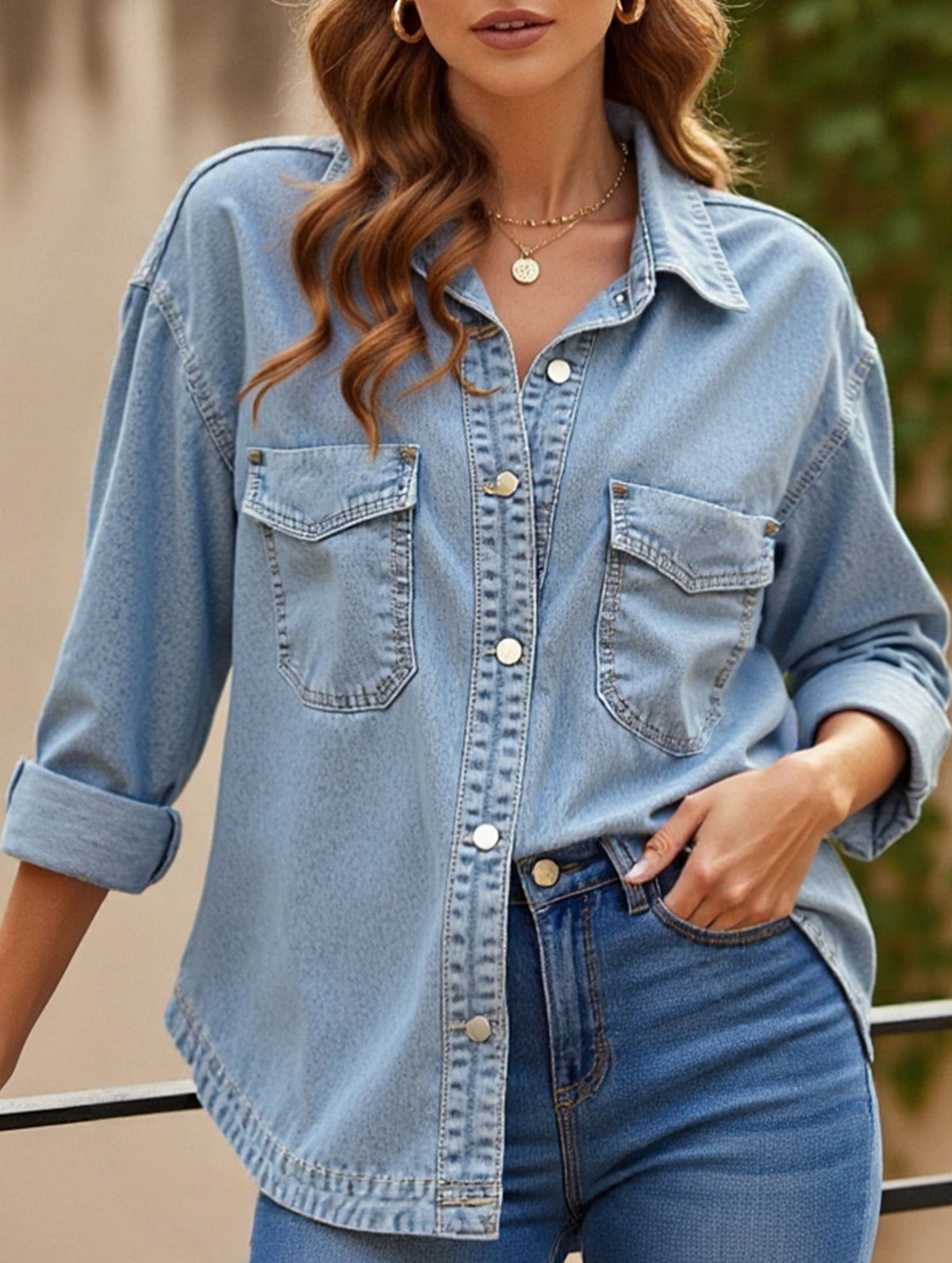 Retro loose casual split denim shirt
