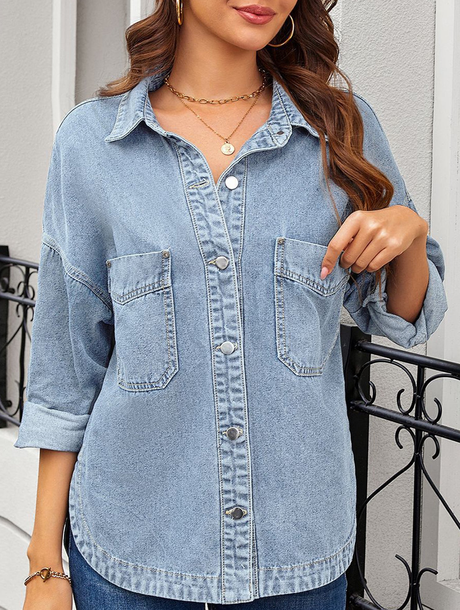Retro loose casual split denim shirt
