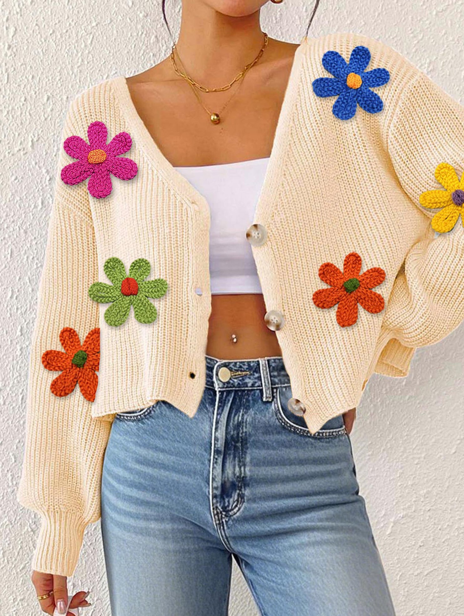 Embroidered flower panel button cardigan