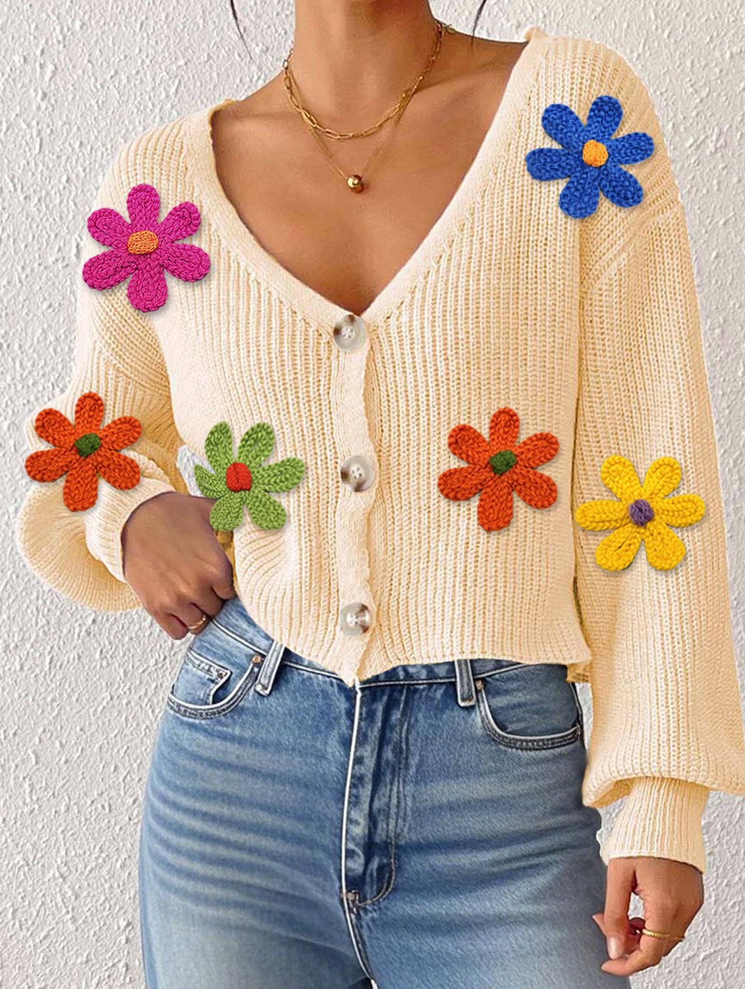 Embroidered flower panel button cardigan