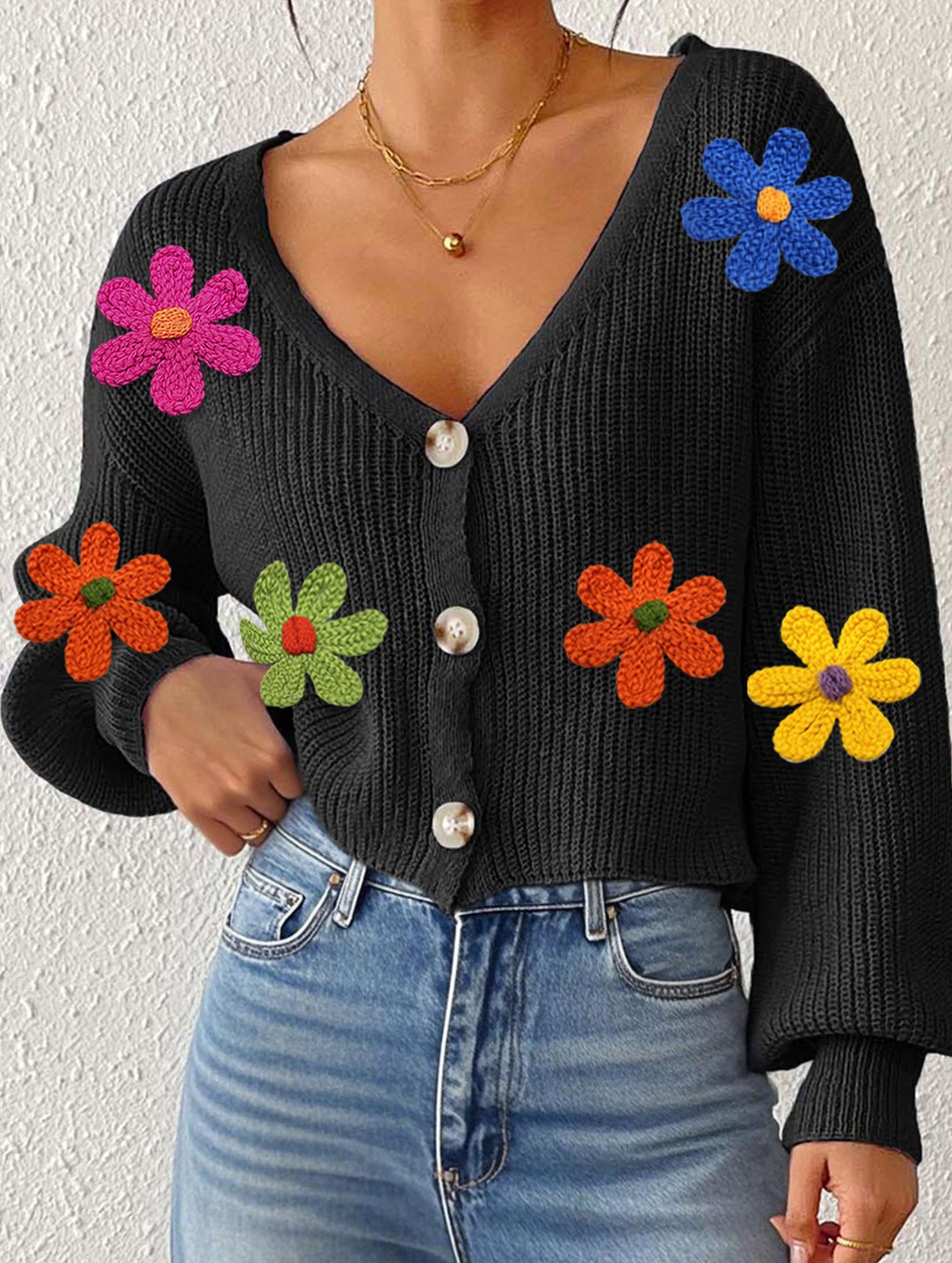 Embroidered flower panel button cardigan