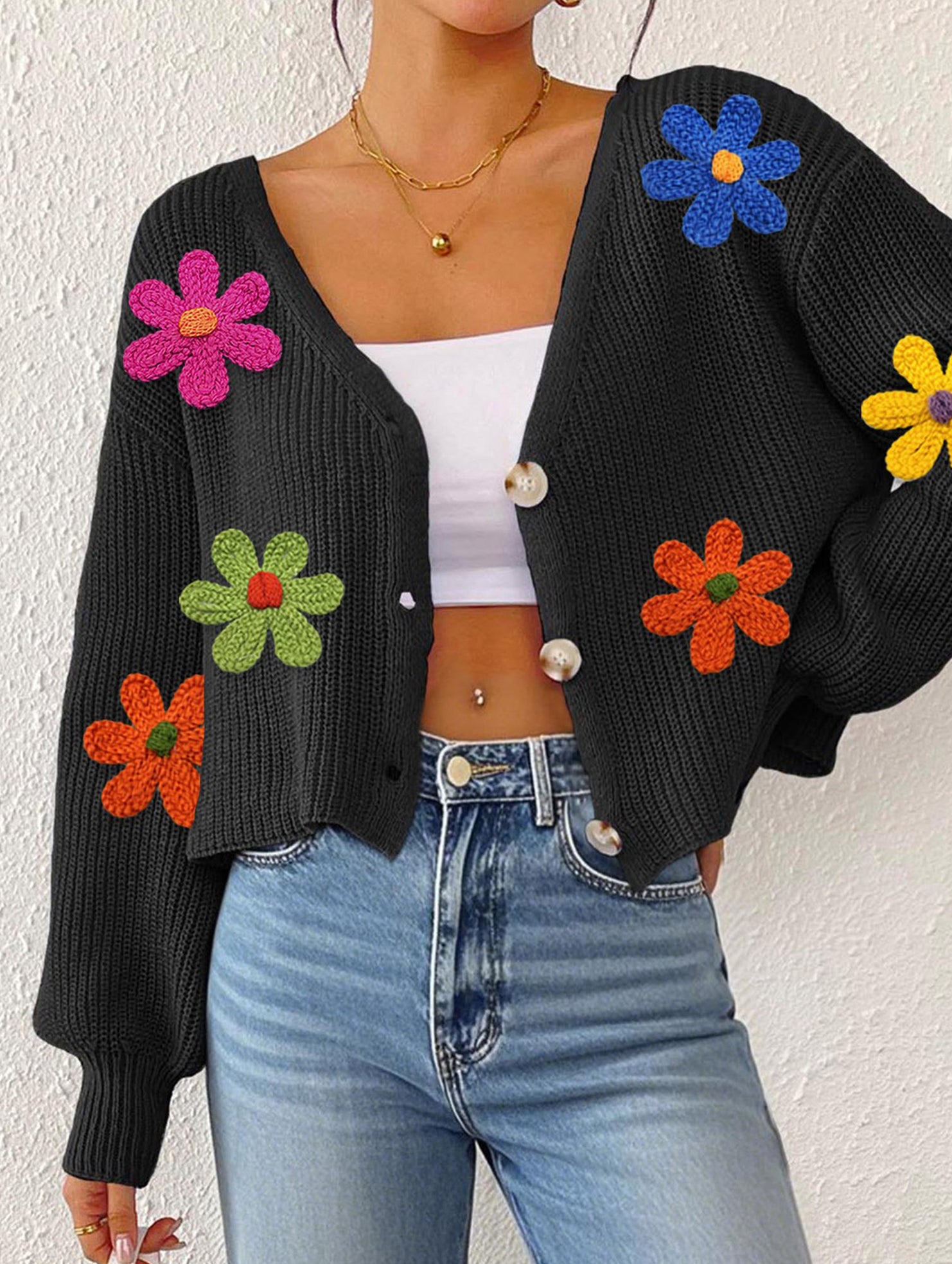 Embroidered flower panel button cardigan