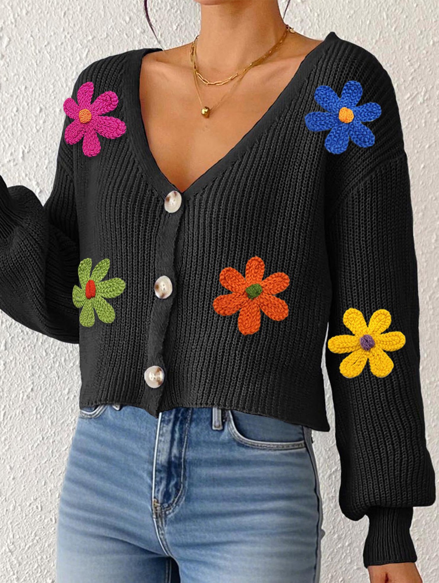 Embroidered flower panel button cardigan