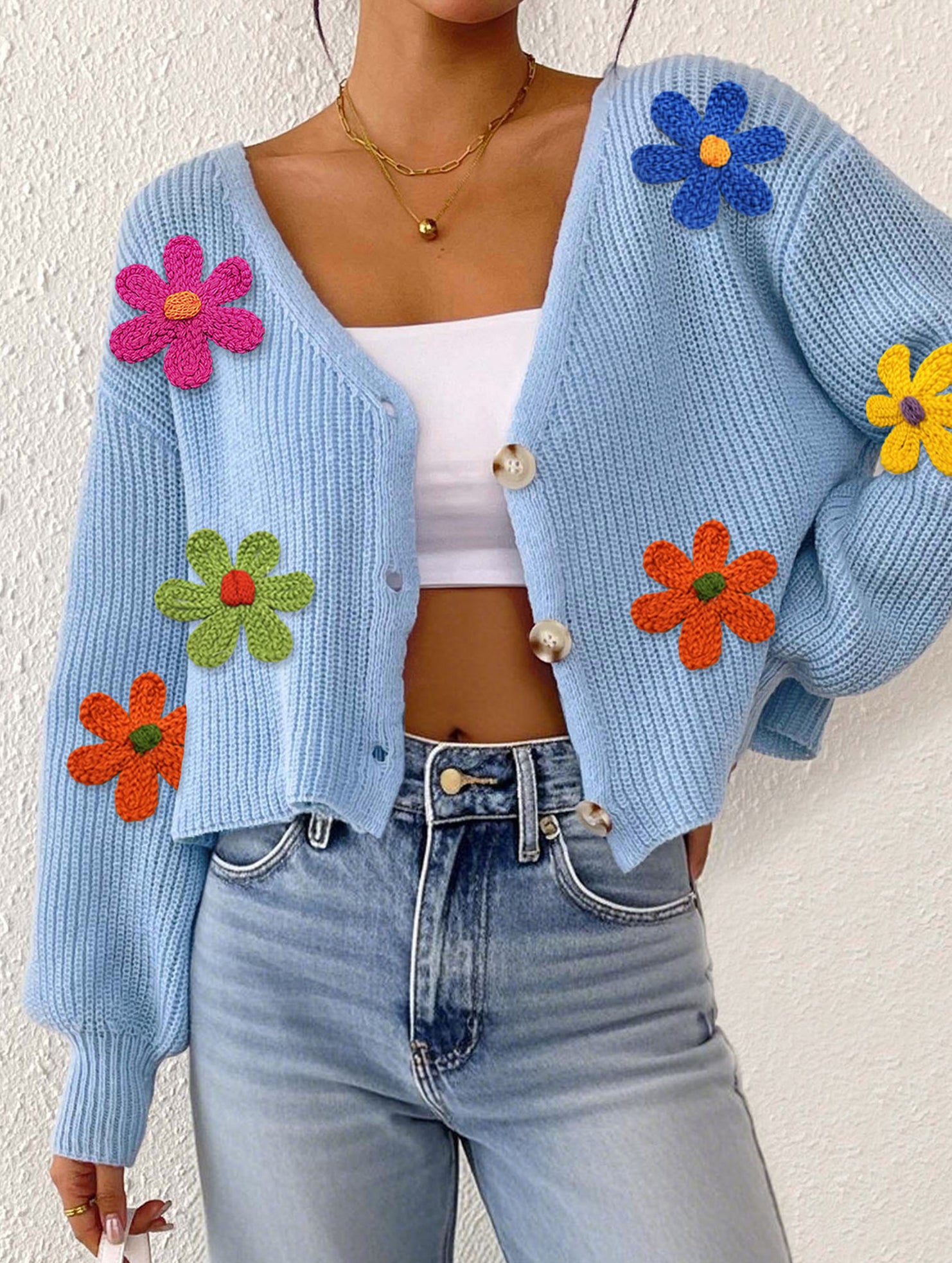 Embroidered flower panel button cardigan