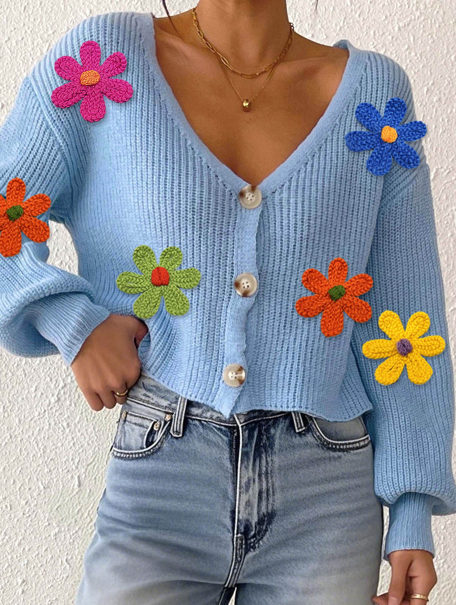 Embroidered flower panel button cardigan