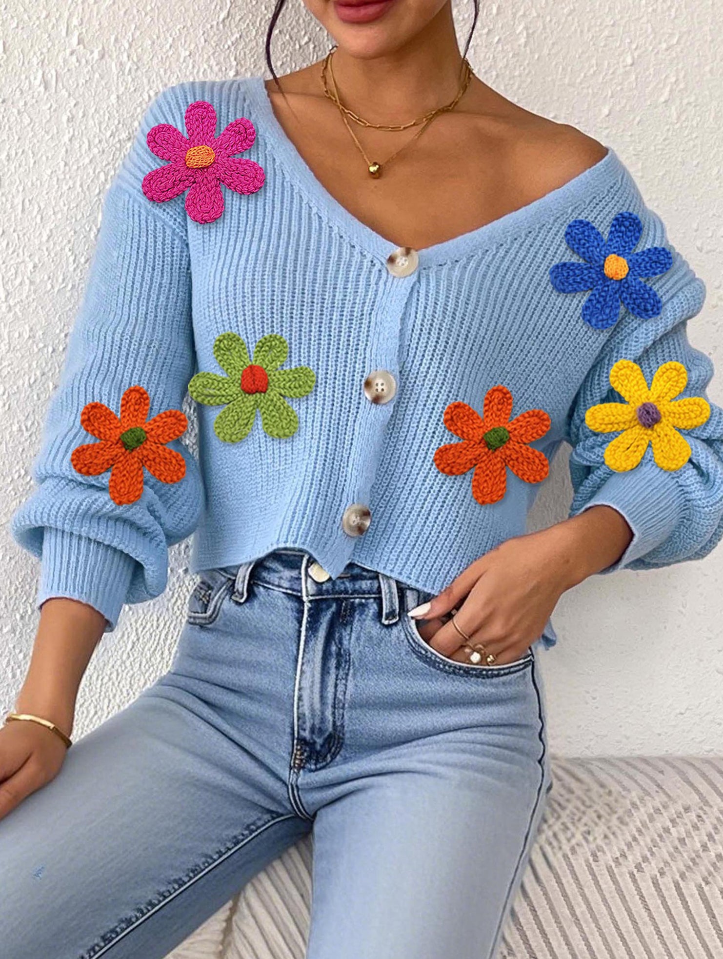 Embroidered flower panel button cardigan