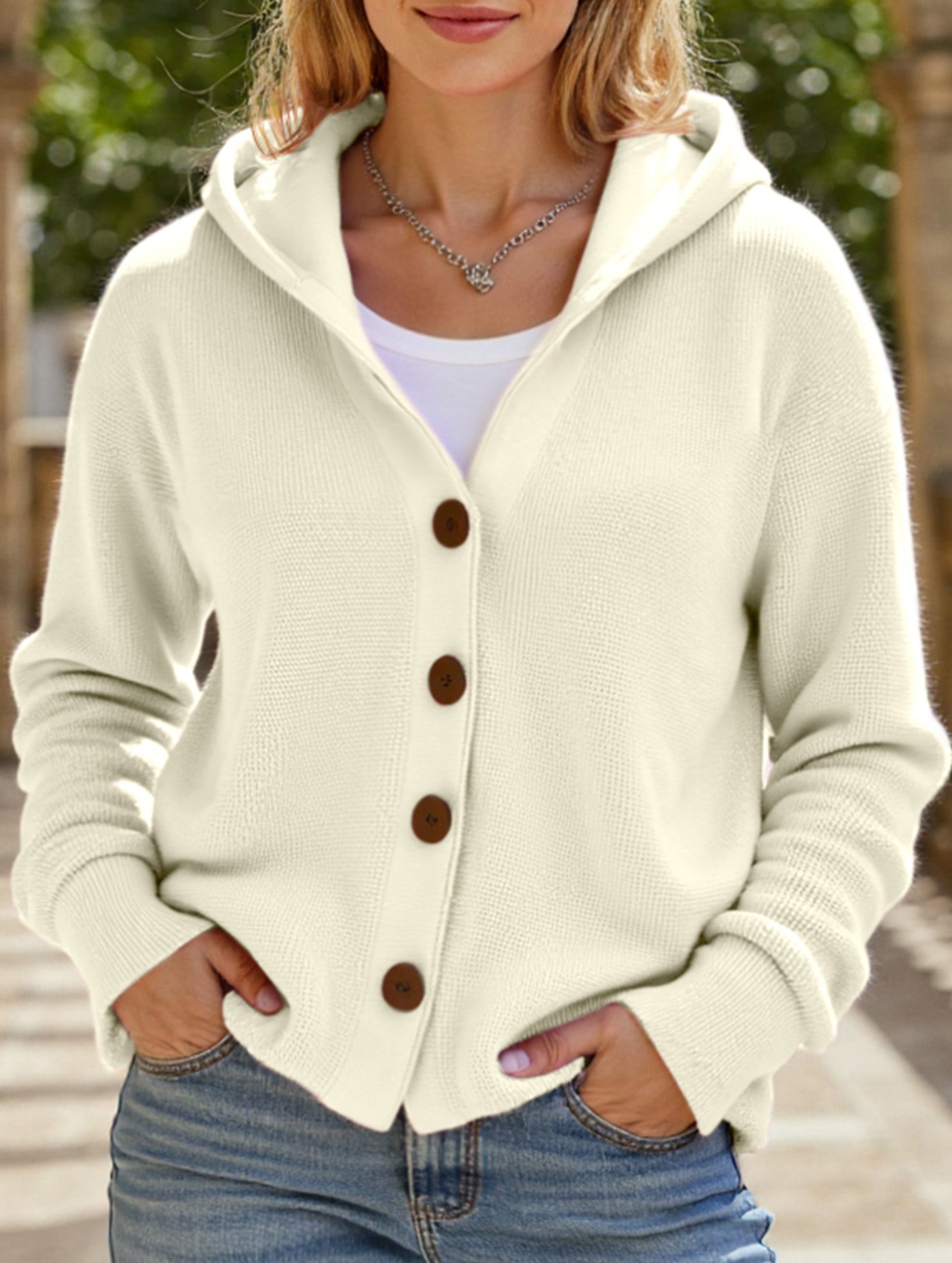 Solid Color Casual Button Knit Hooded Sweater