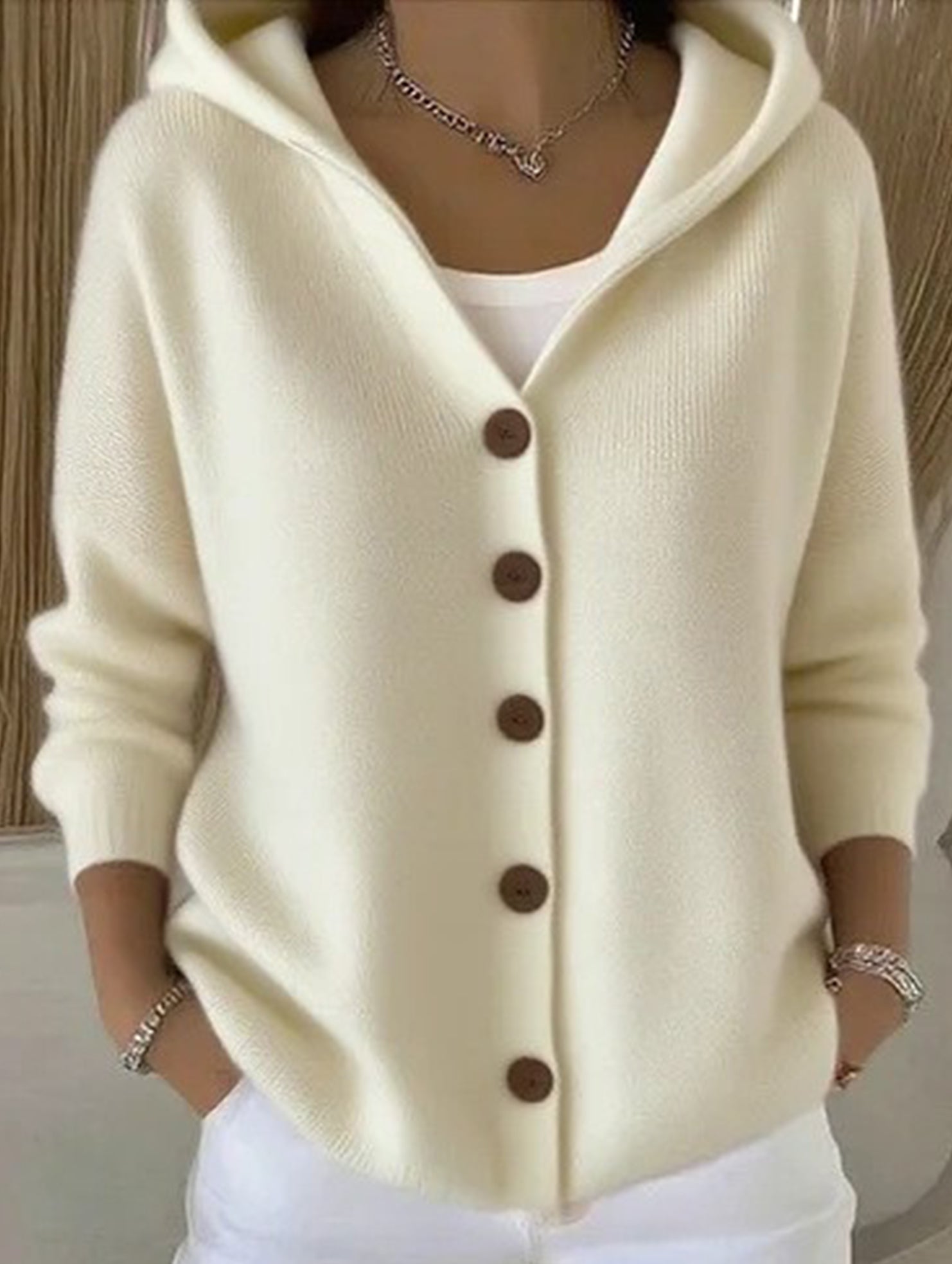 Solid Color Casual Button Knit Hooded Sweater
