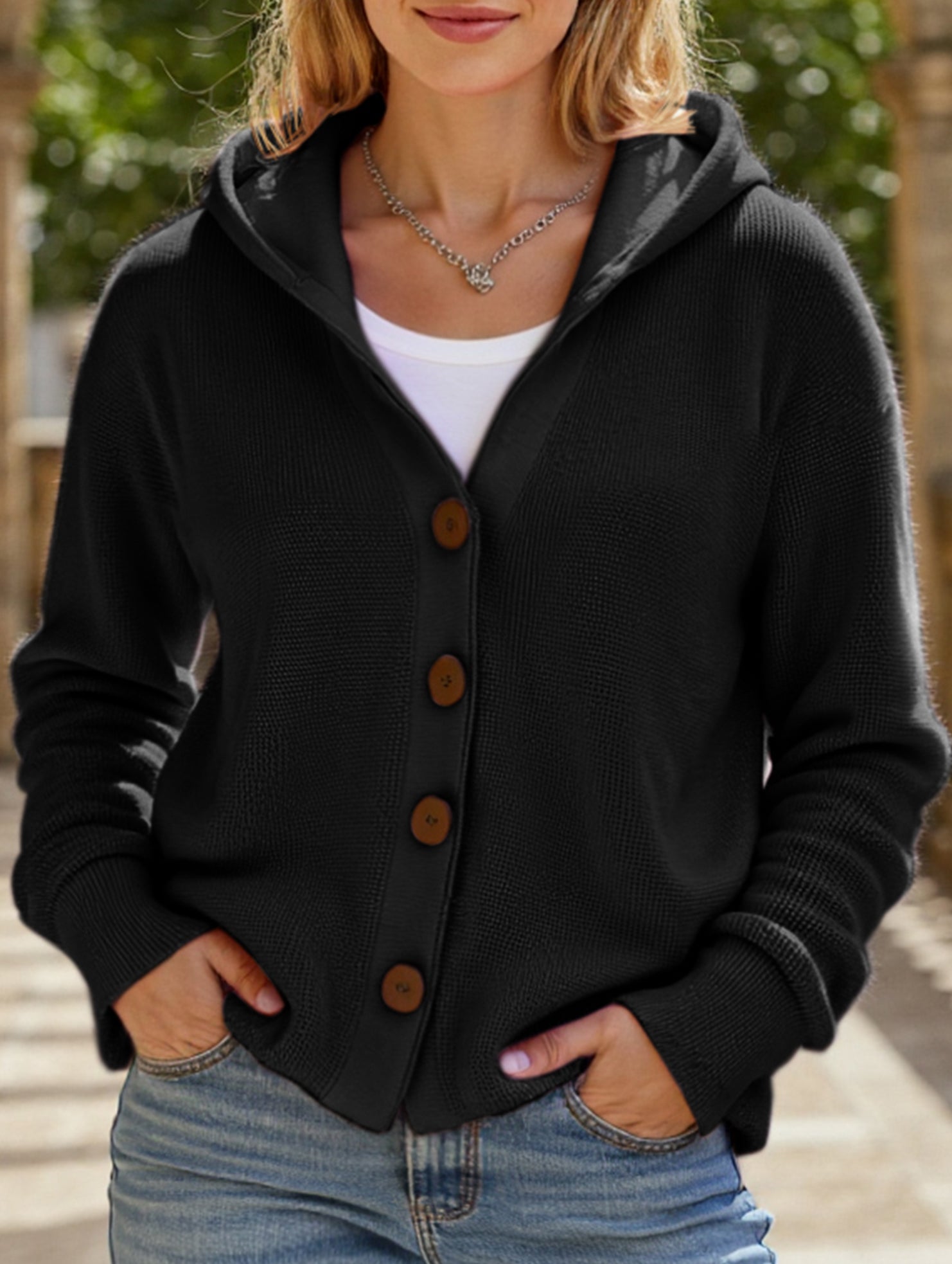 Solid Color Casual Button Knit Hooded Sweater