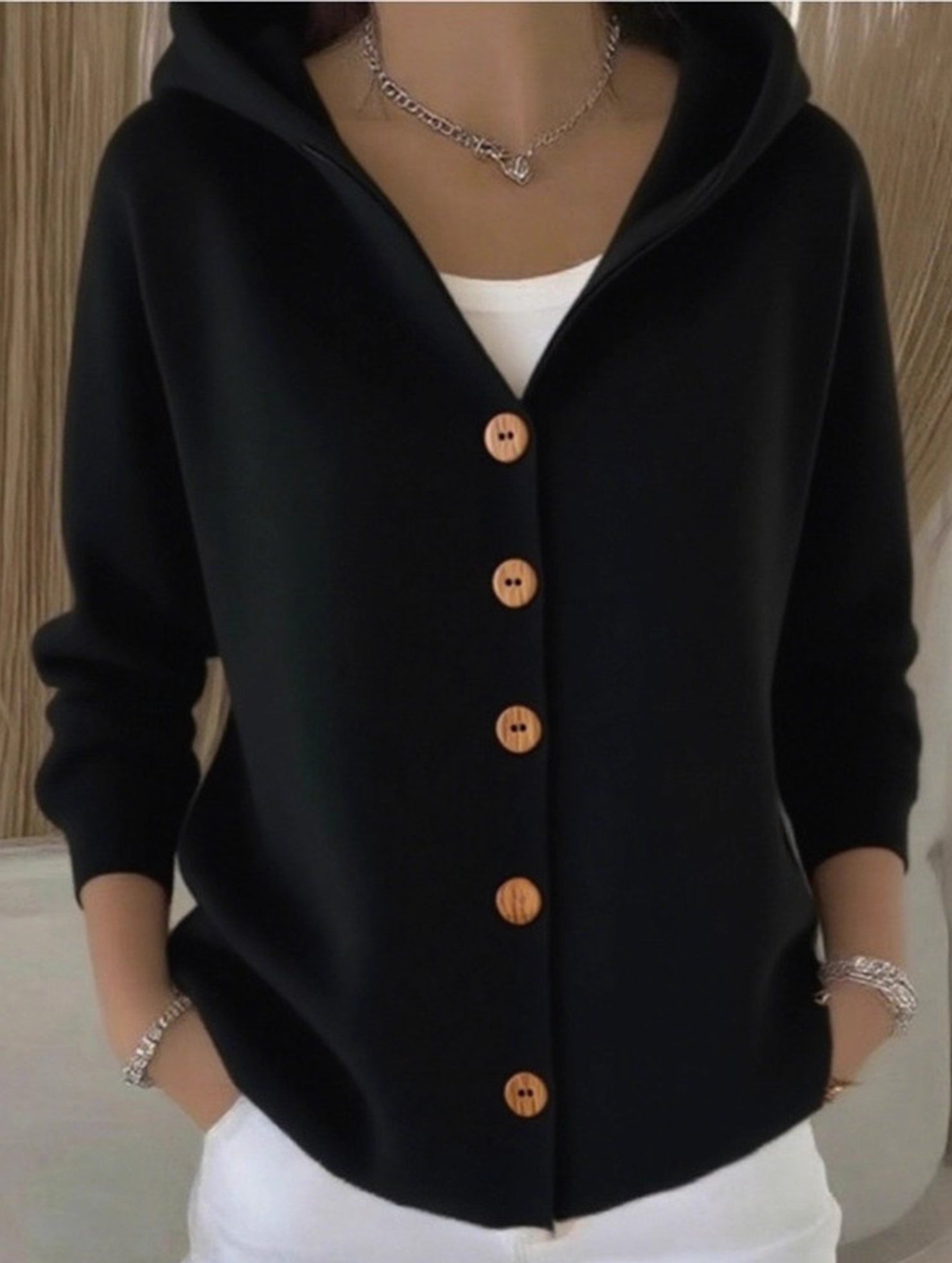 Solid Color Casual Button Knit Hooded Sweater