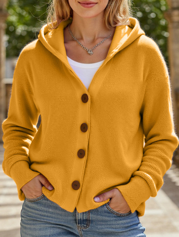 Solid Color Casual Button Knit Hooded Sweater  - Ginger