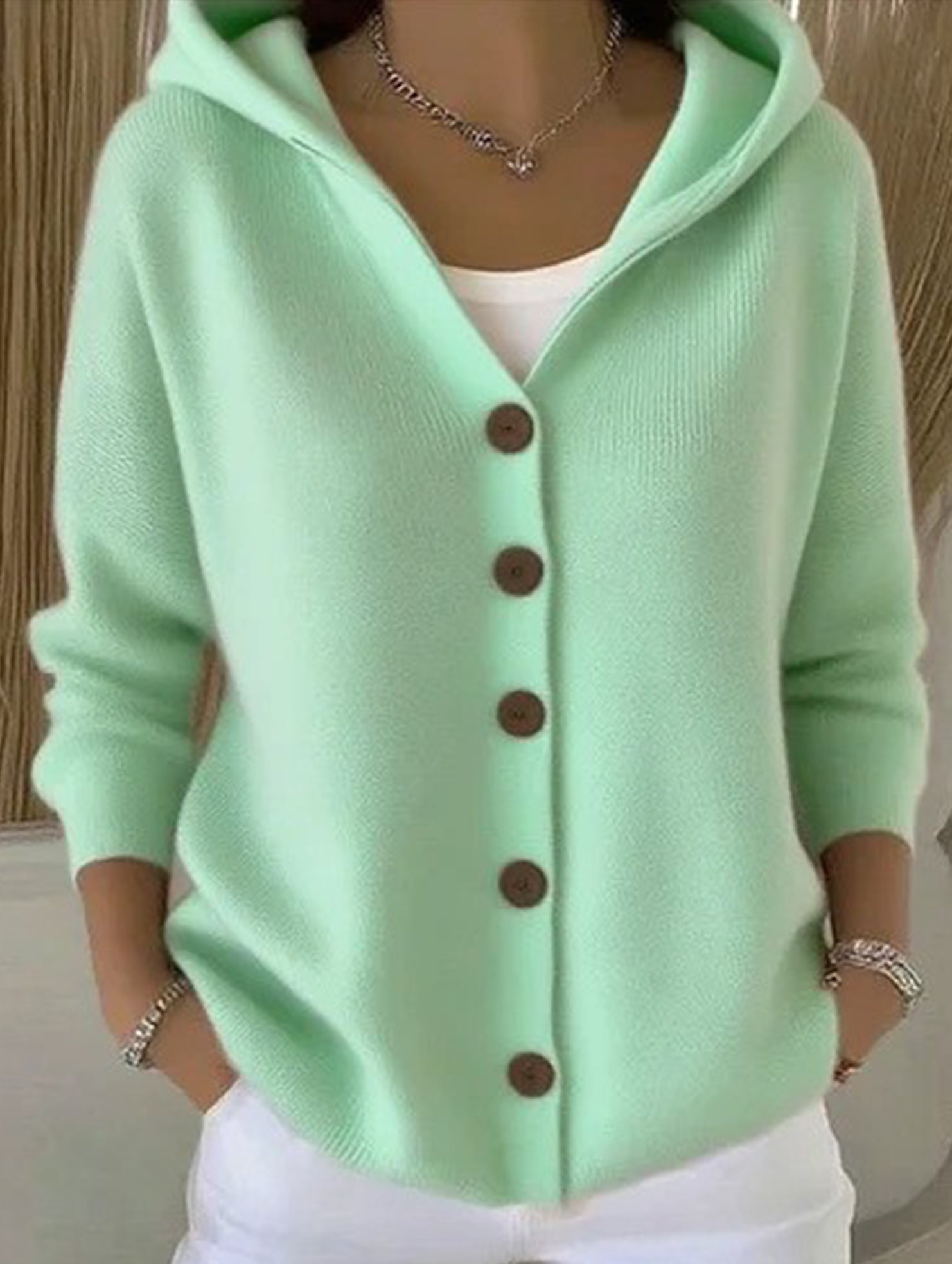 Solid Color Casual Button Knit Hooded Sweater