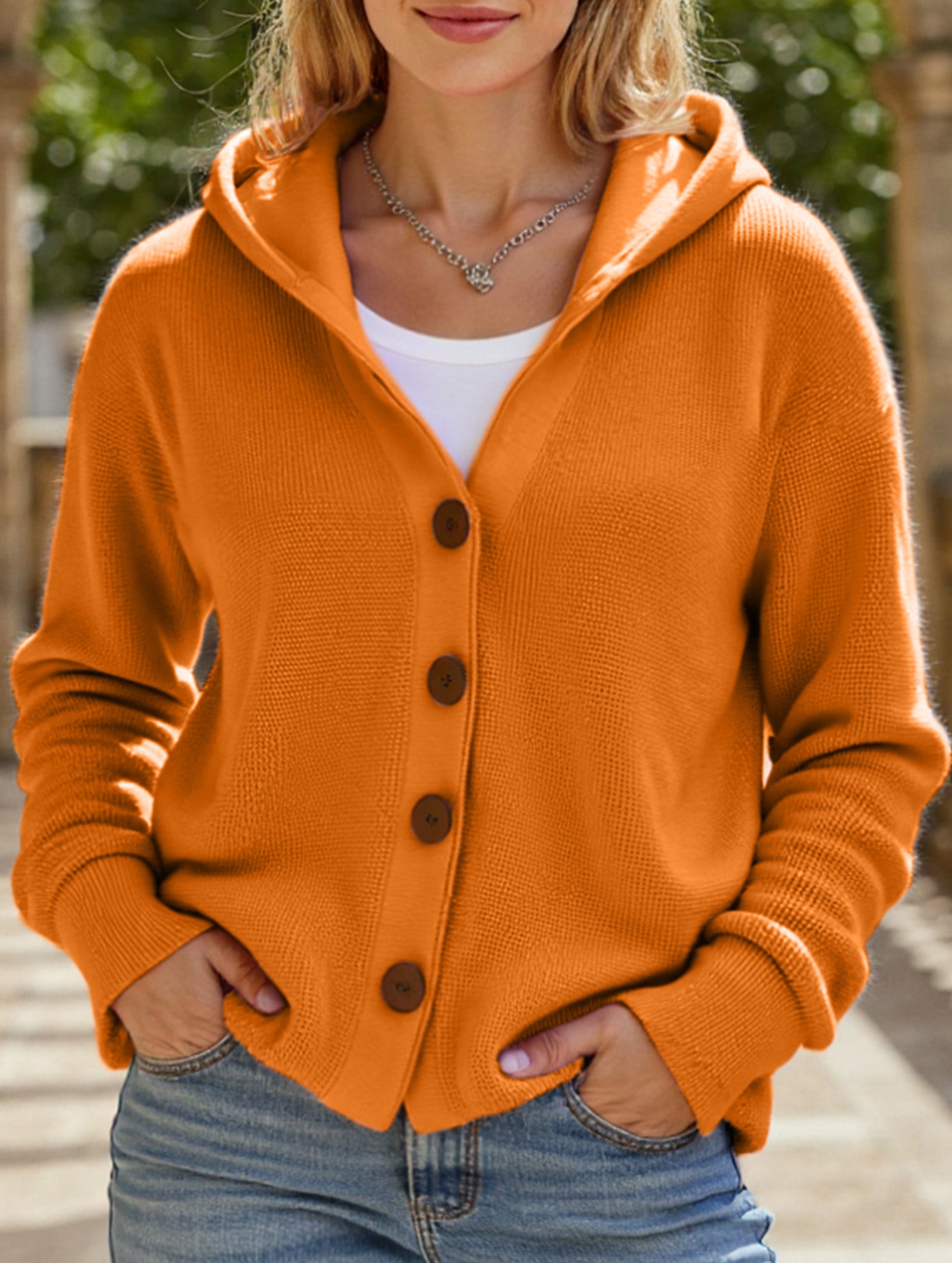 Solid Color Casual Button Knit Hooded Sweater