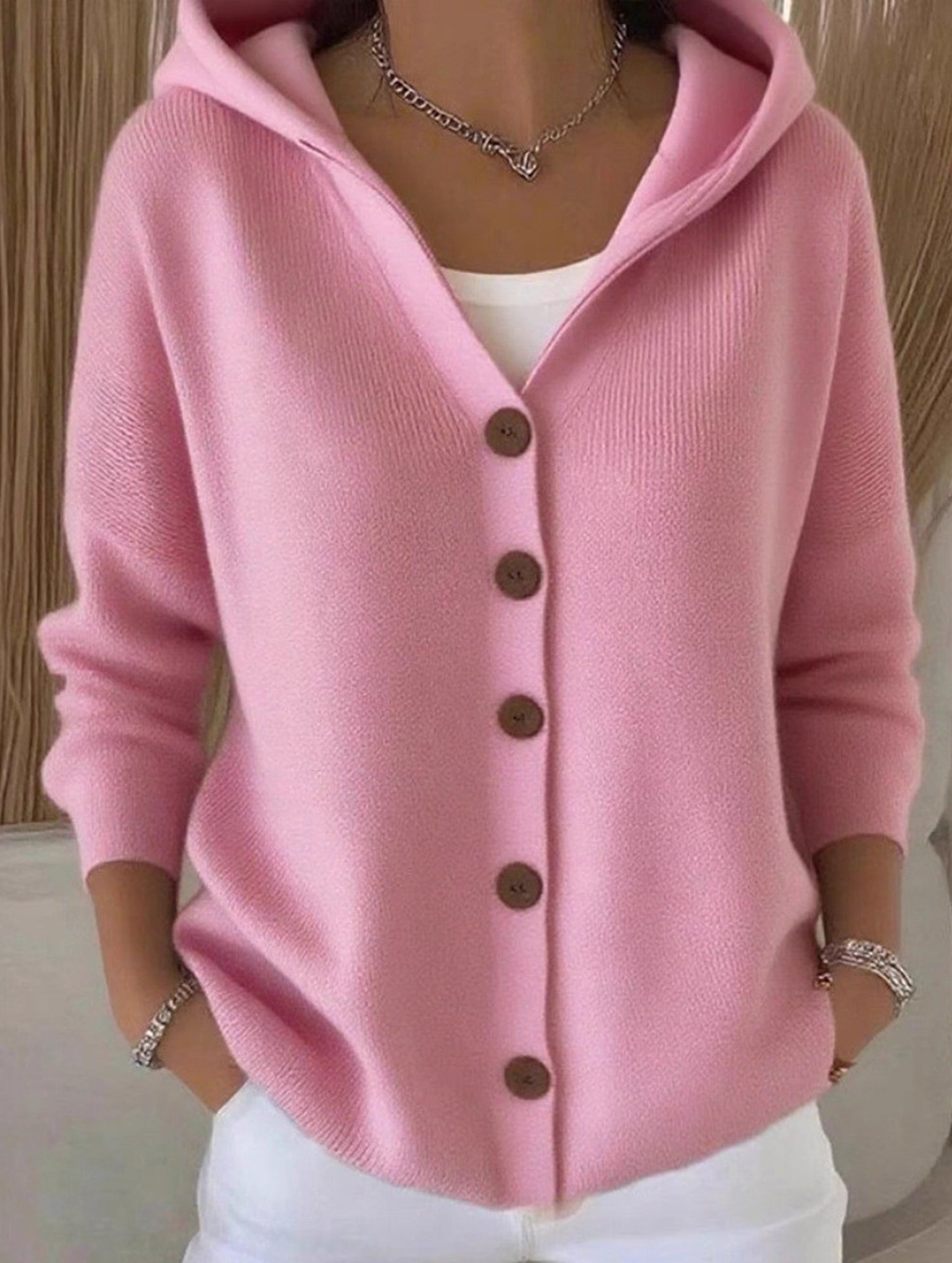 Solid Color Casual Button Knit Hooded Sweater