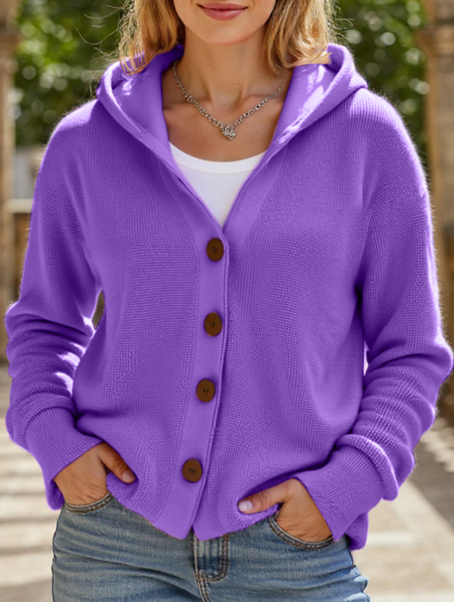 Solid Color Casual Button Knit Hooded Sweater