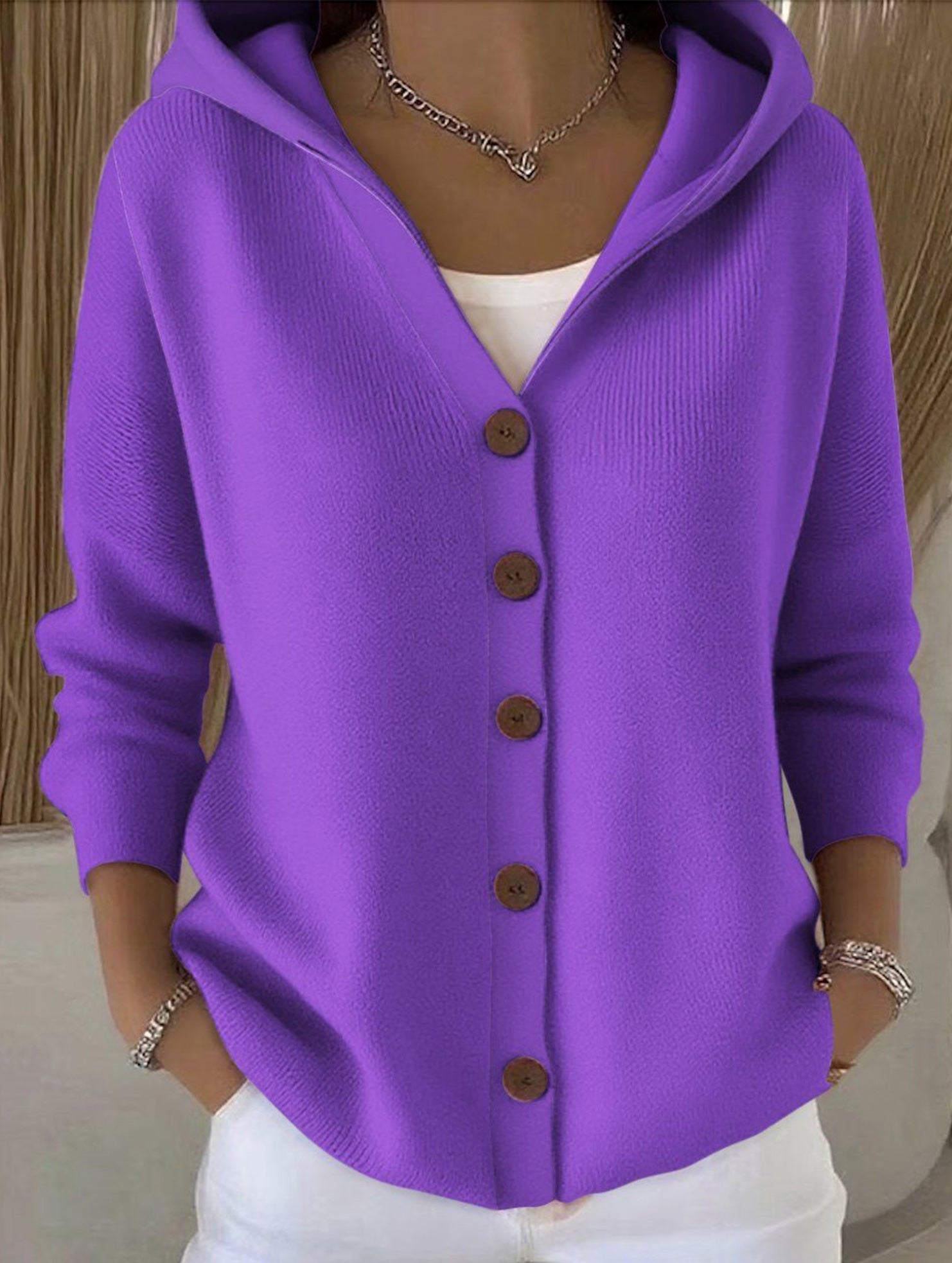 Solid Color Casual Button Knit Hooded Sweater