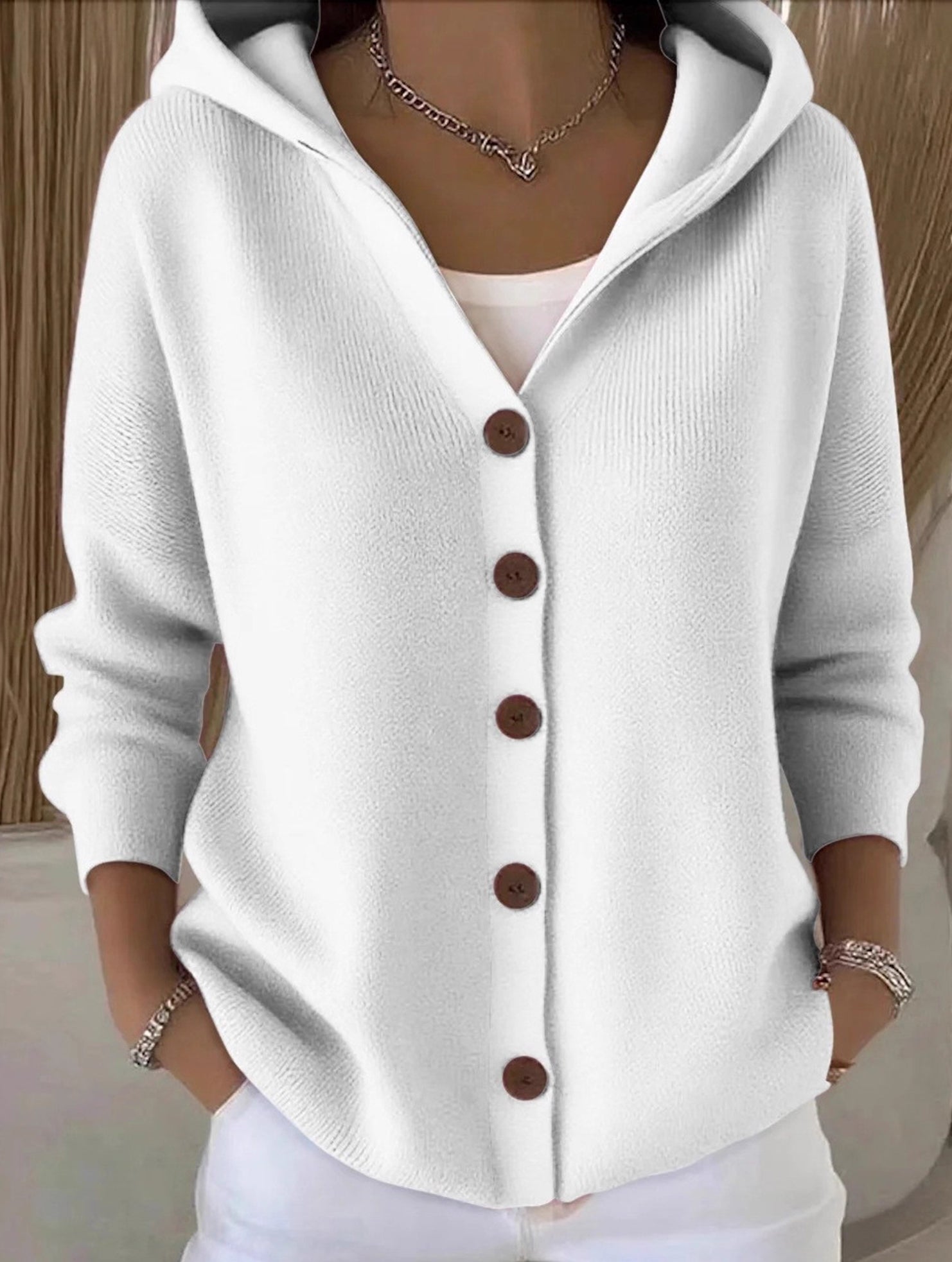 Solid Color Casual Button Knit Hooded Sweater