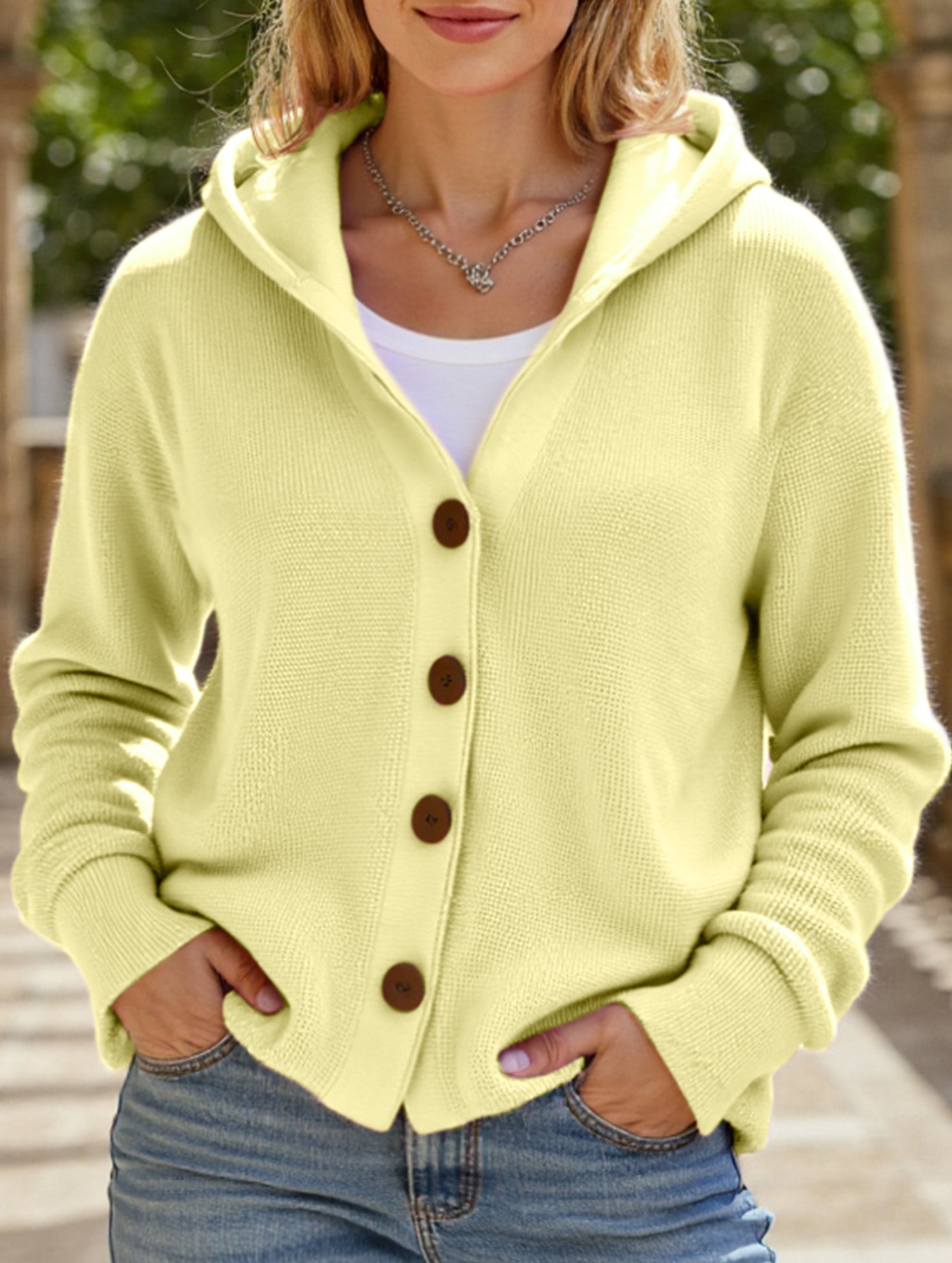 Solid Color Casual Button Knit Hooded Sweater