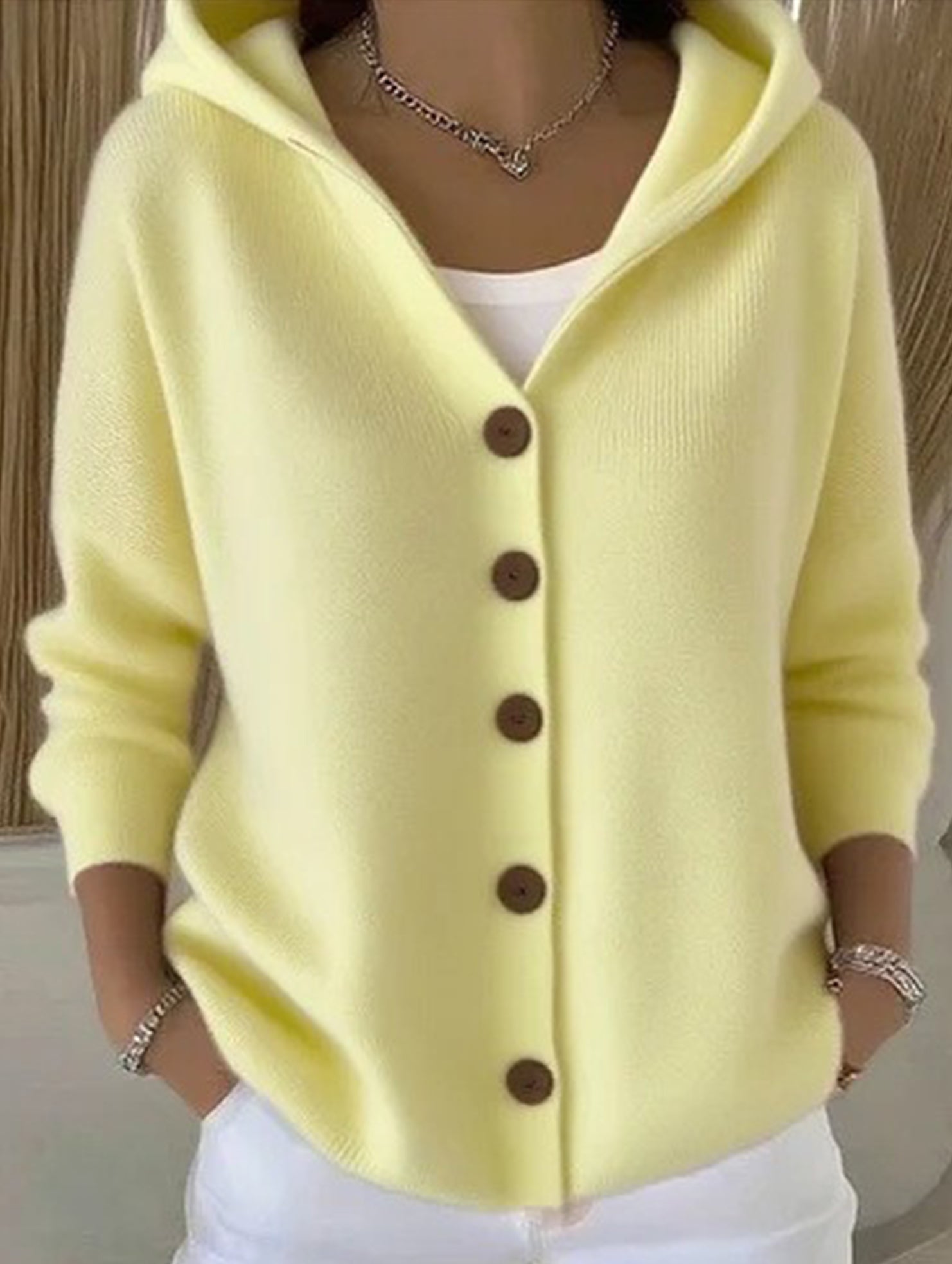 Solid Color Casual Button Knit Hooded Sweater