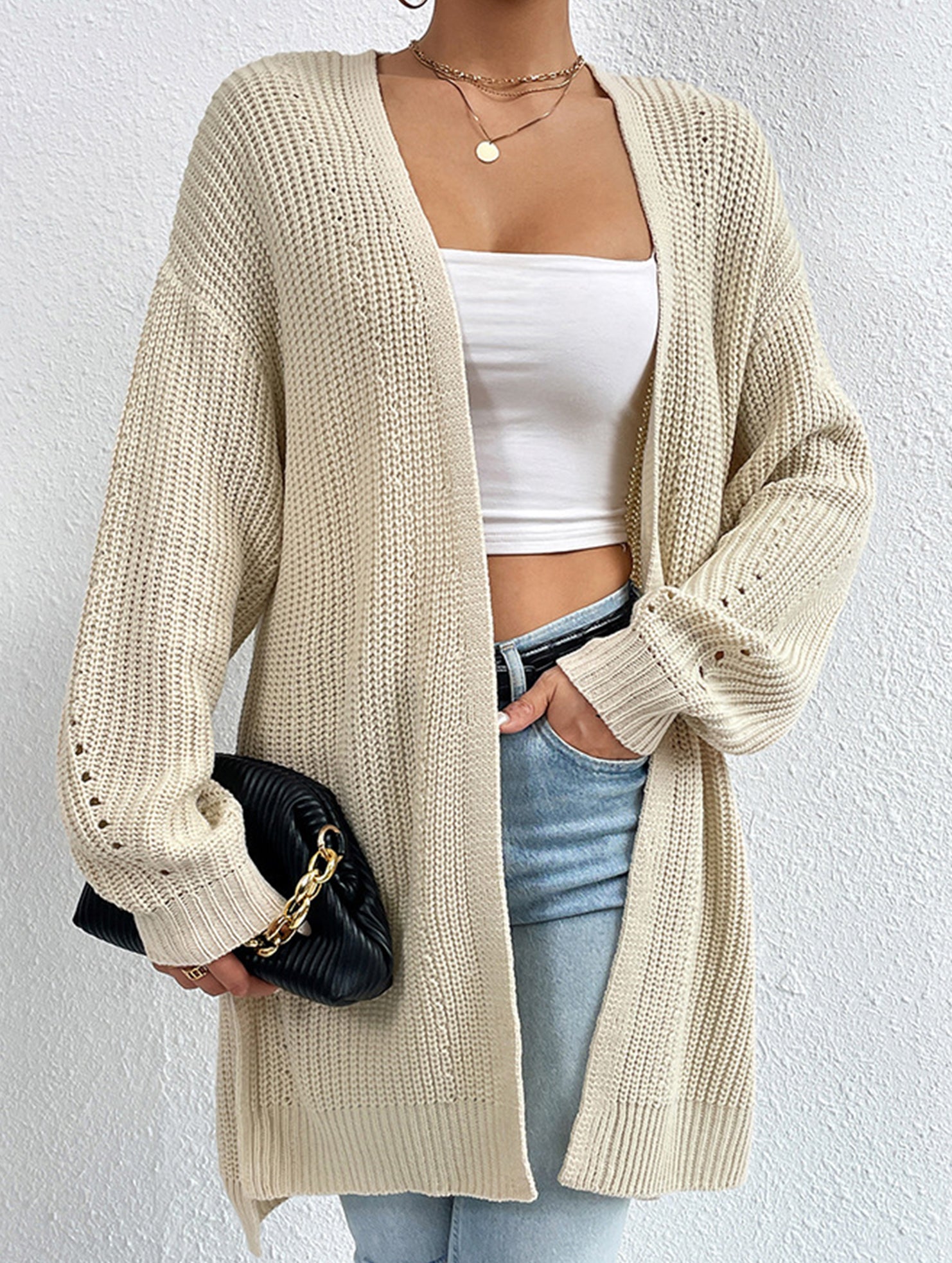 Loose mid-length V-neck solid color sweater
