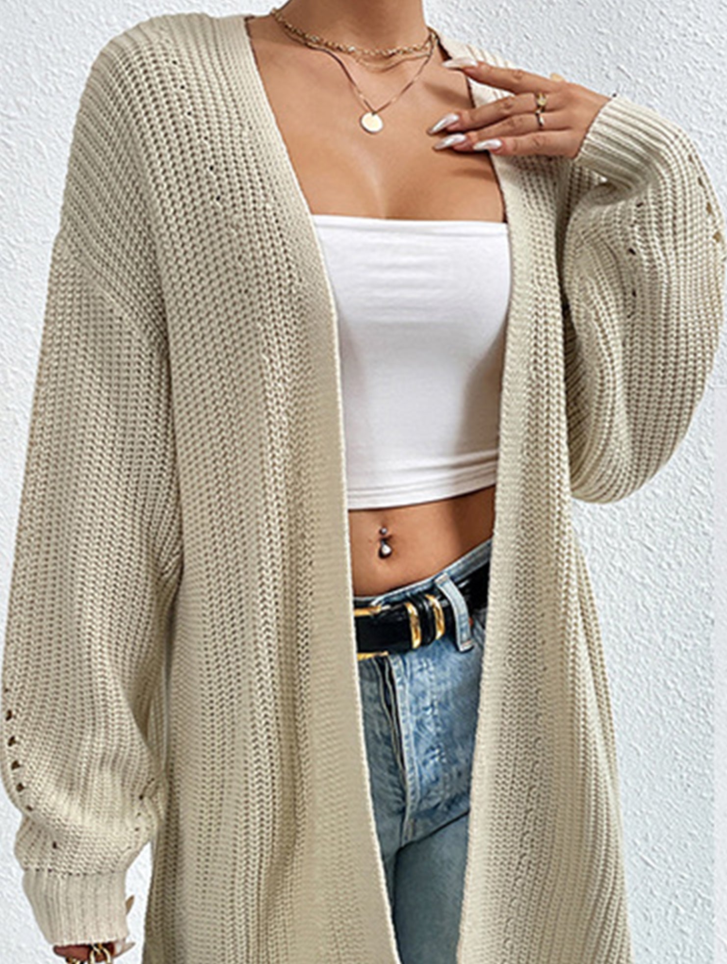 Loose mid-length V-neck solid color sweater