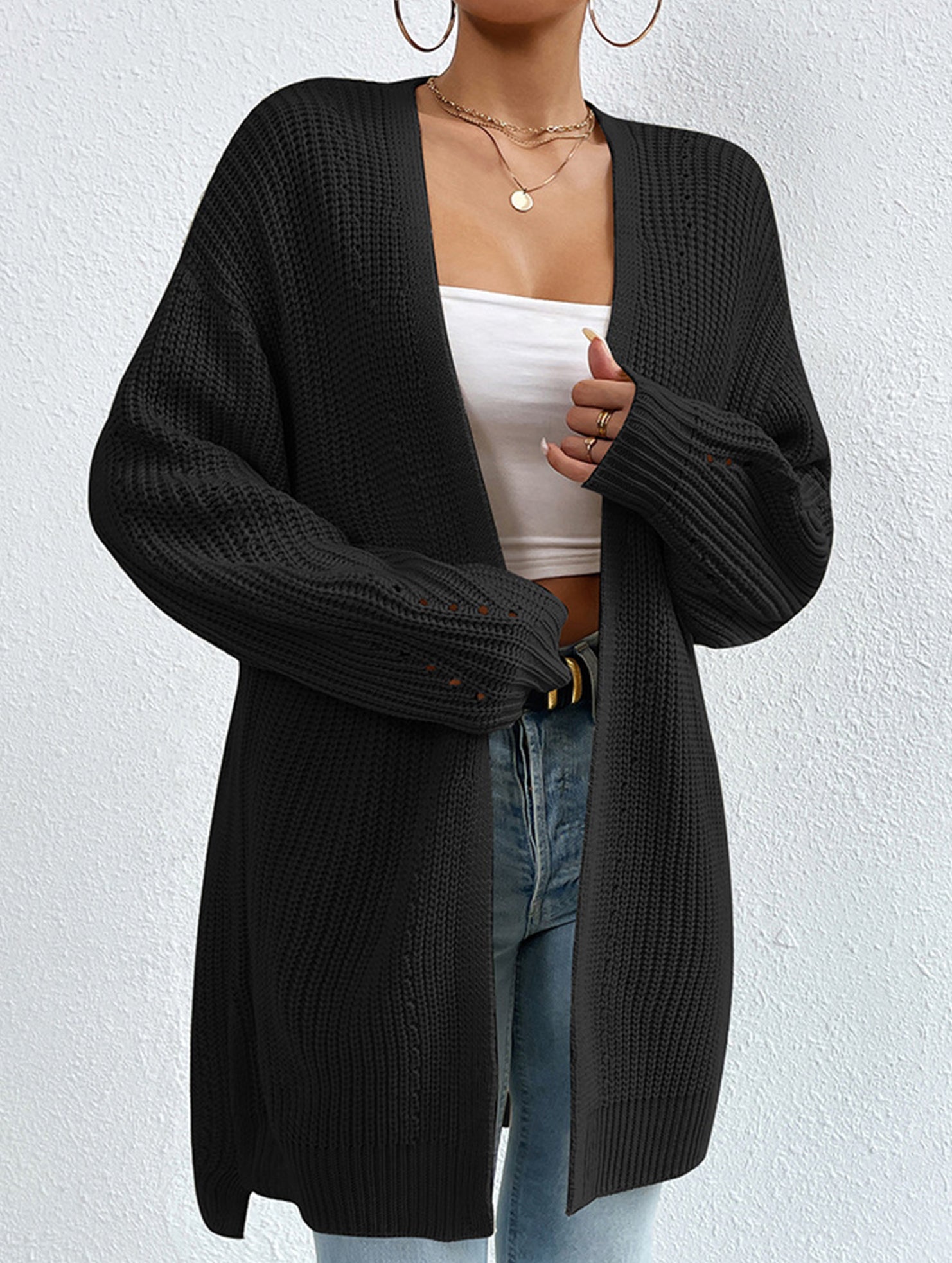 Loose mid-length V-neck solid color sweater