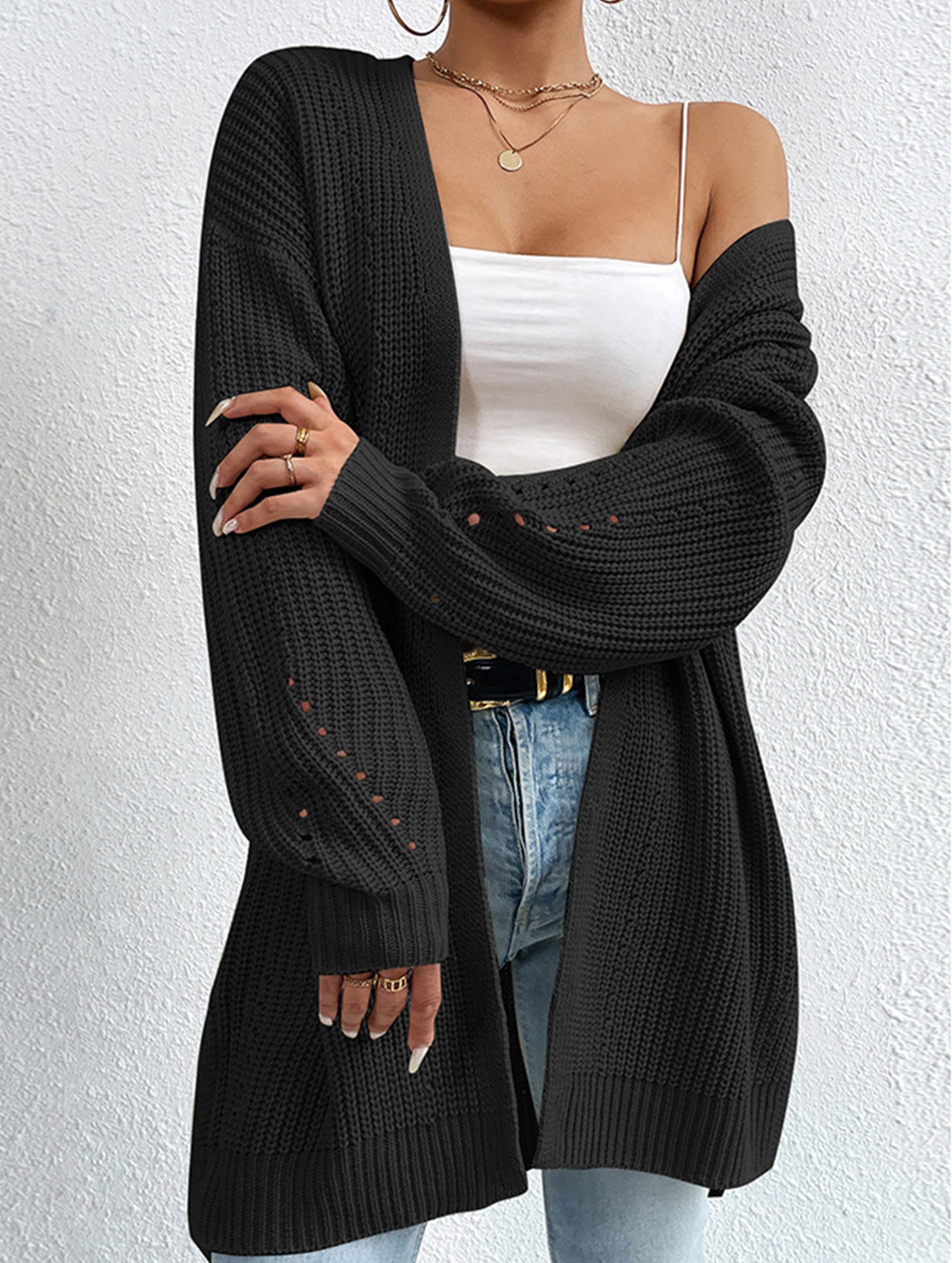 Loose mid-length V-neck solid color sweater