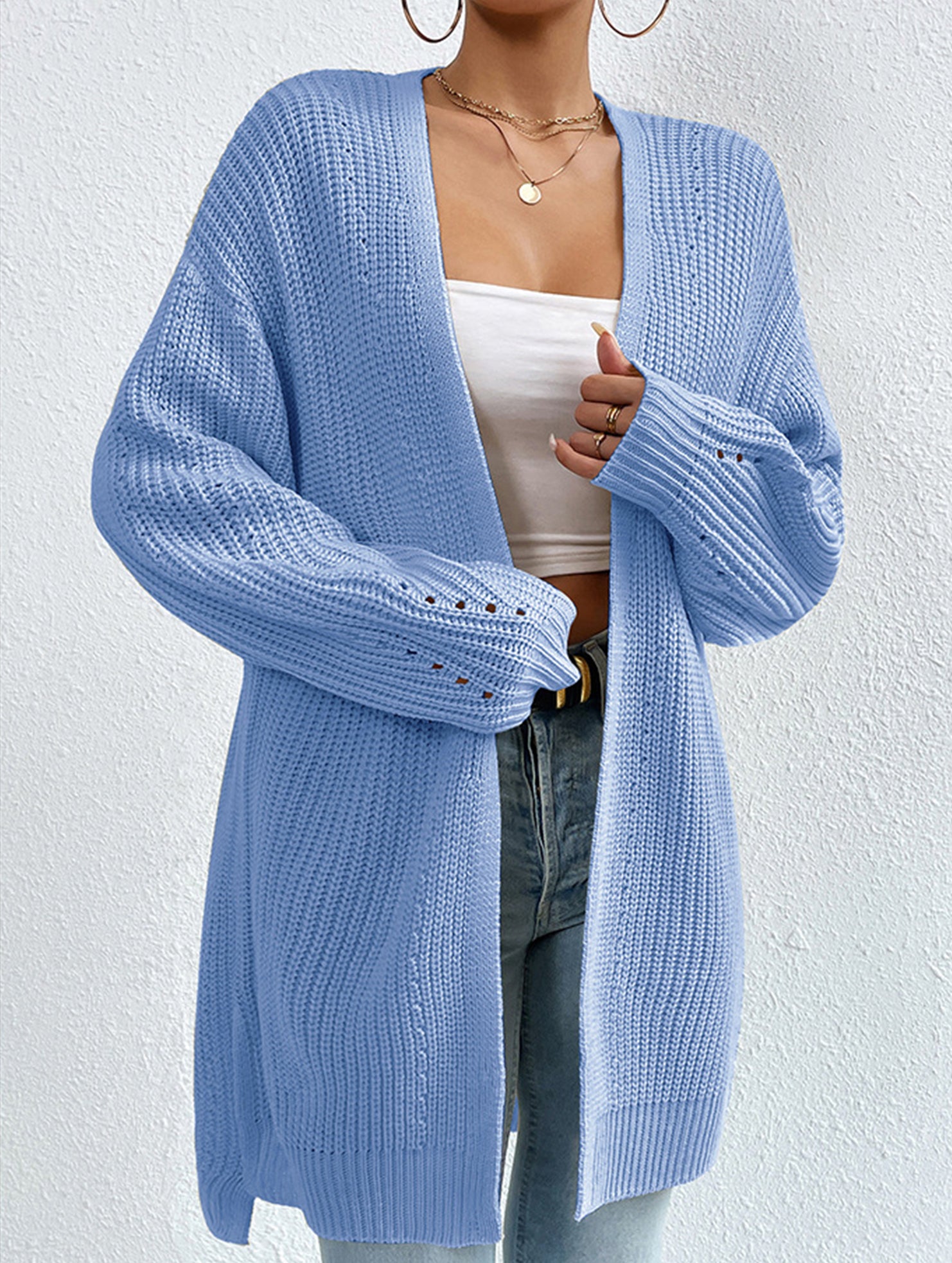 Loose mid-length V-neck solid color sweater