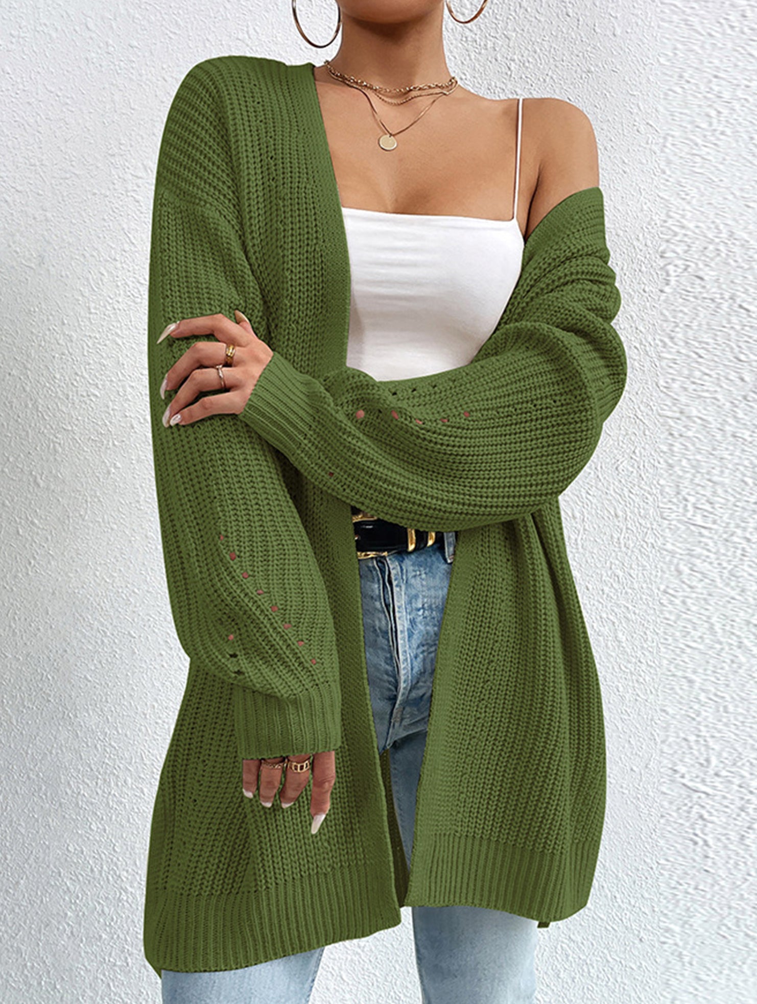Loose mid-length V-neck solid color sweater