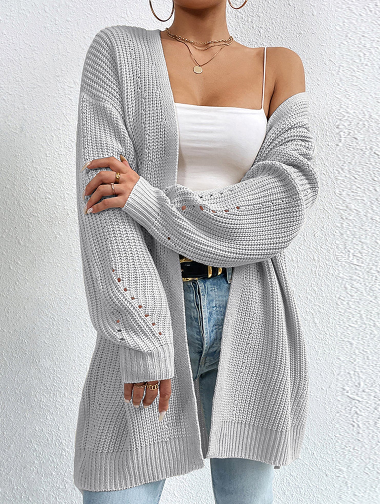 Loose mid-length V-neck solid color sweater