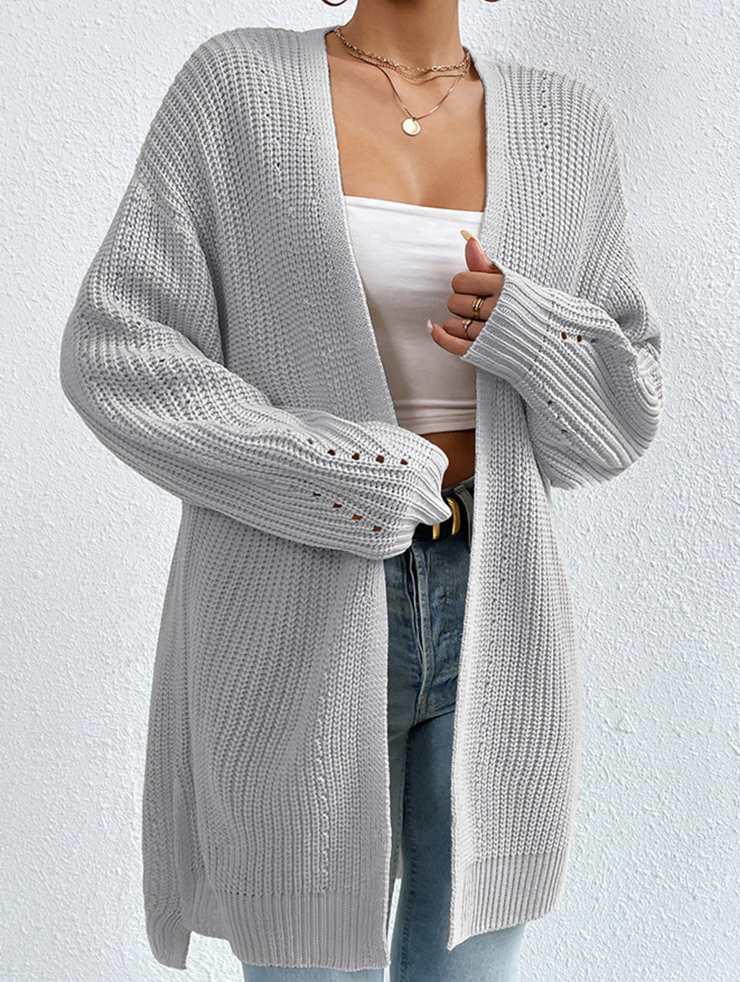Loose mid-length V-neck solid color sweater