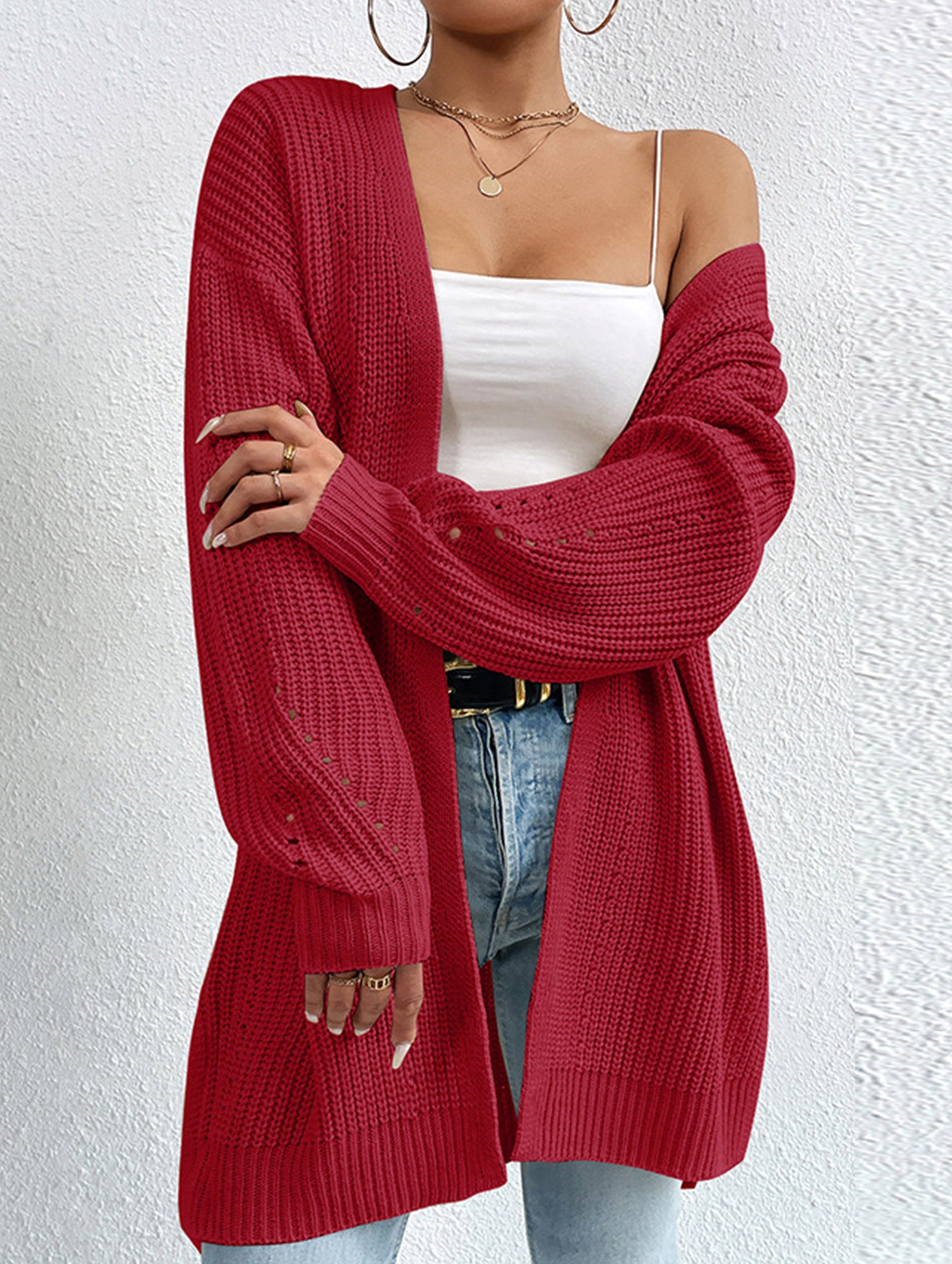 Loose mid-length V-neck solid color sweater