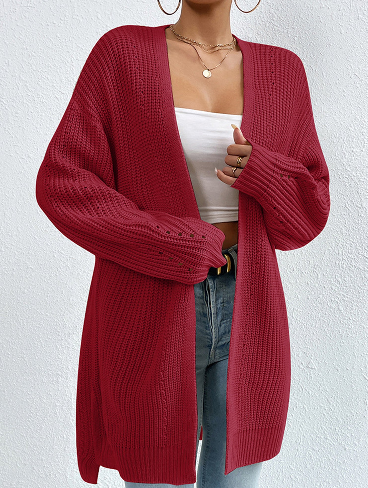 Loose mid-length V-neck solid color sweater