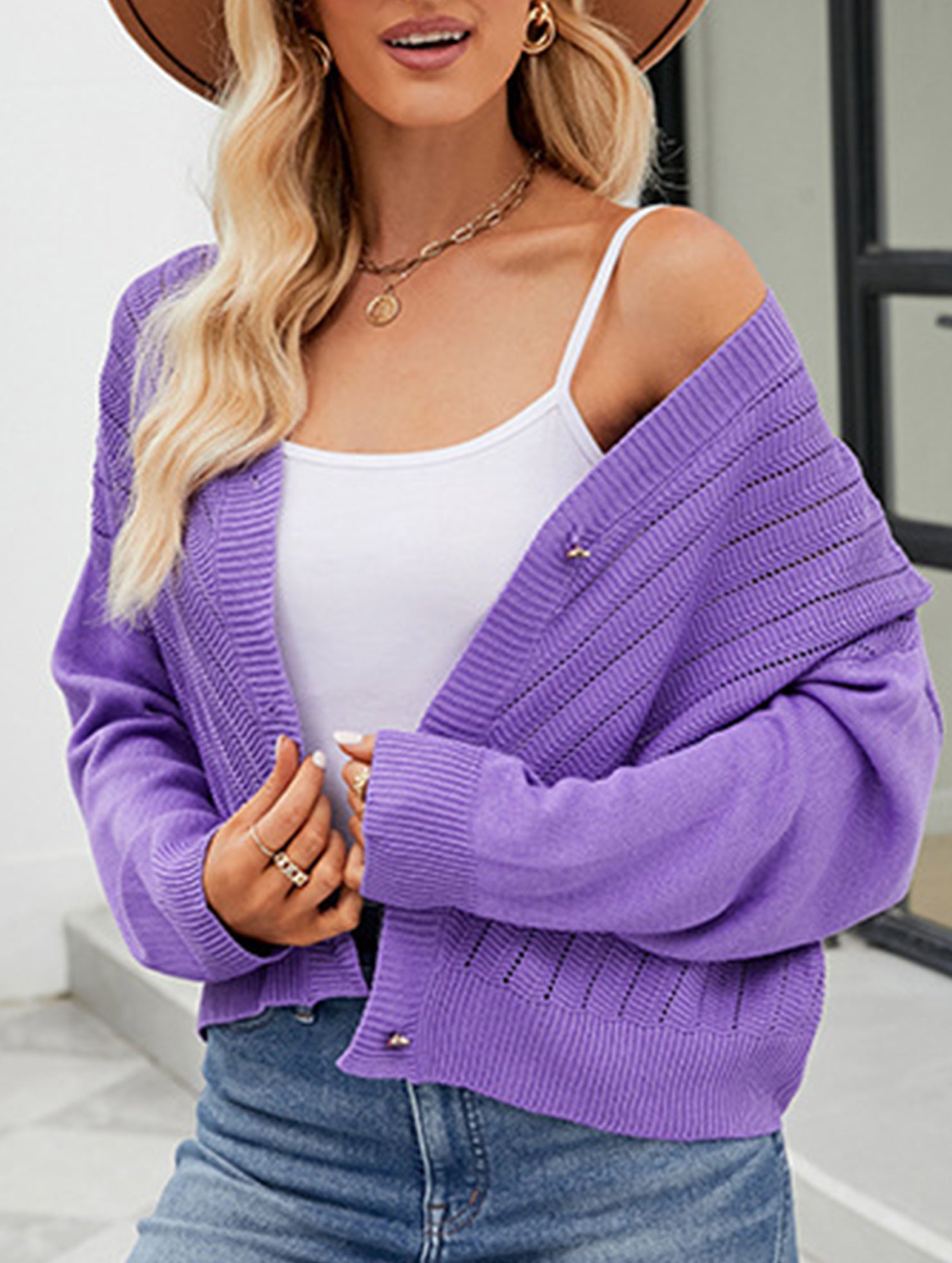 Loose long-sleeved V-neck hollow knit cardigan