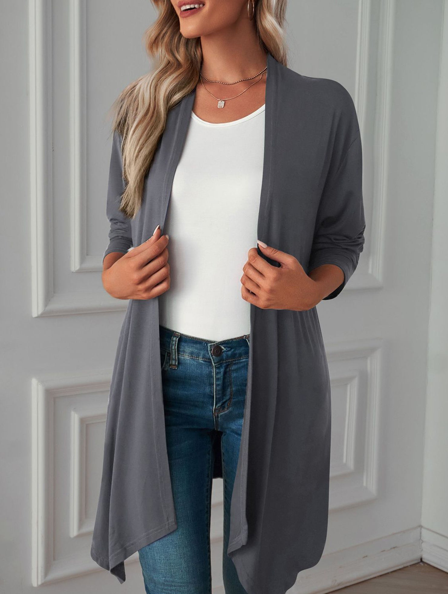 Casual long solid color long-sleeved cardigan