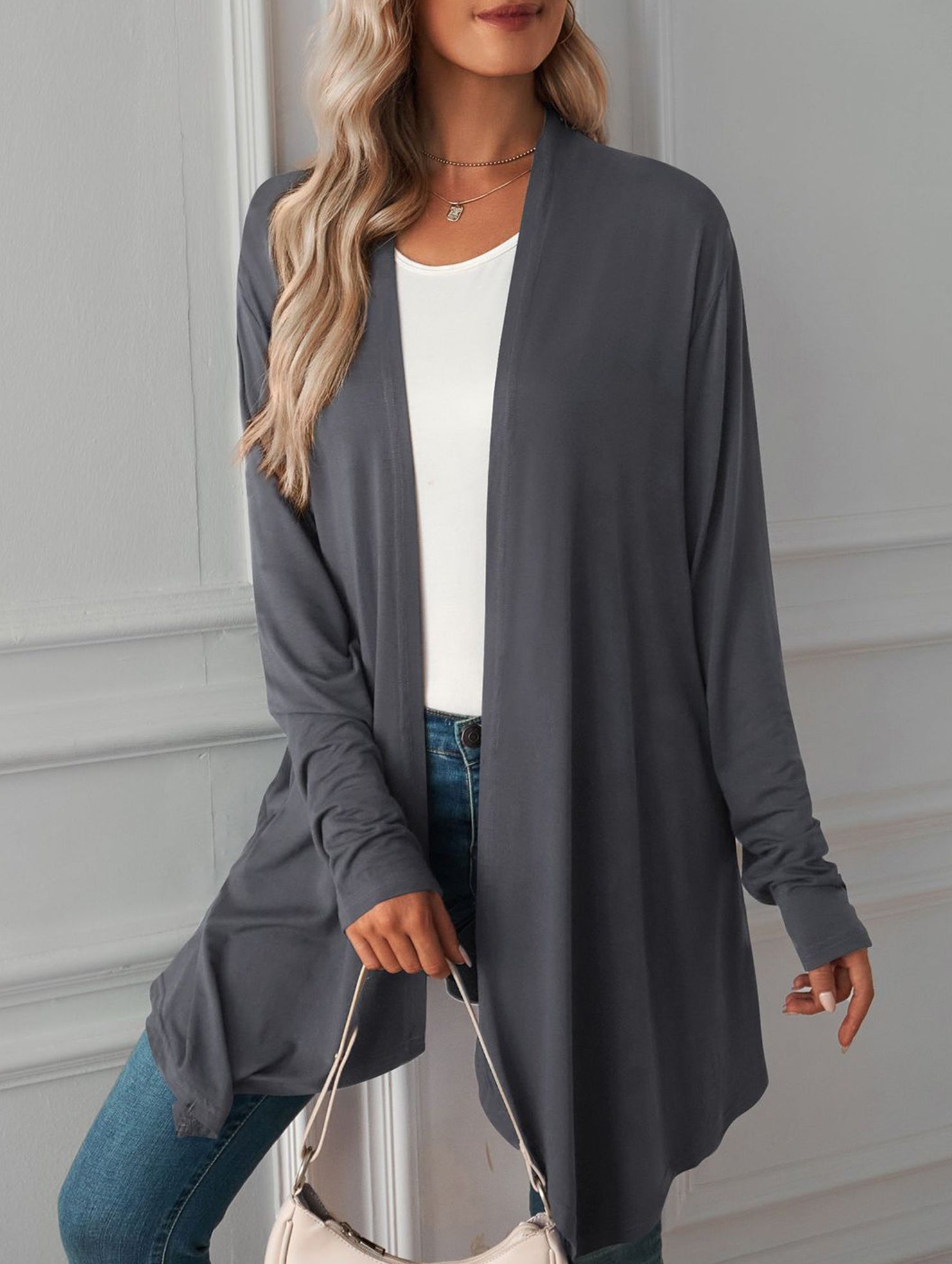 Casual long solid color long-sleeved cardigan