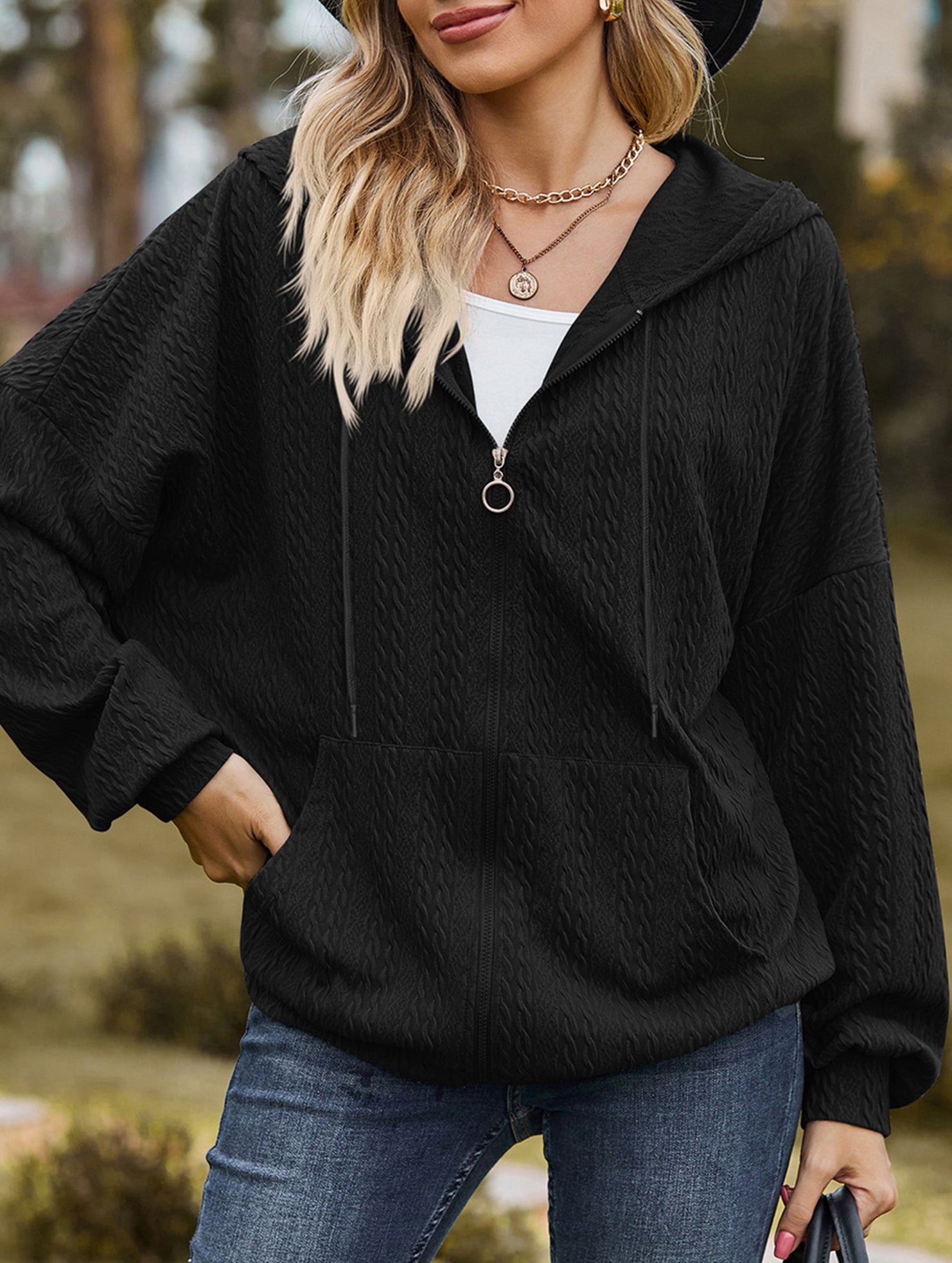 Pocket long-sleeved loose hooded sweatshirt
