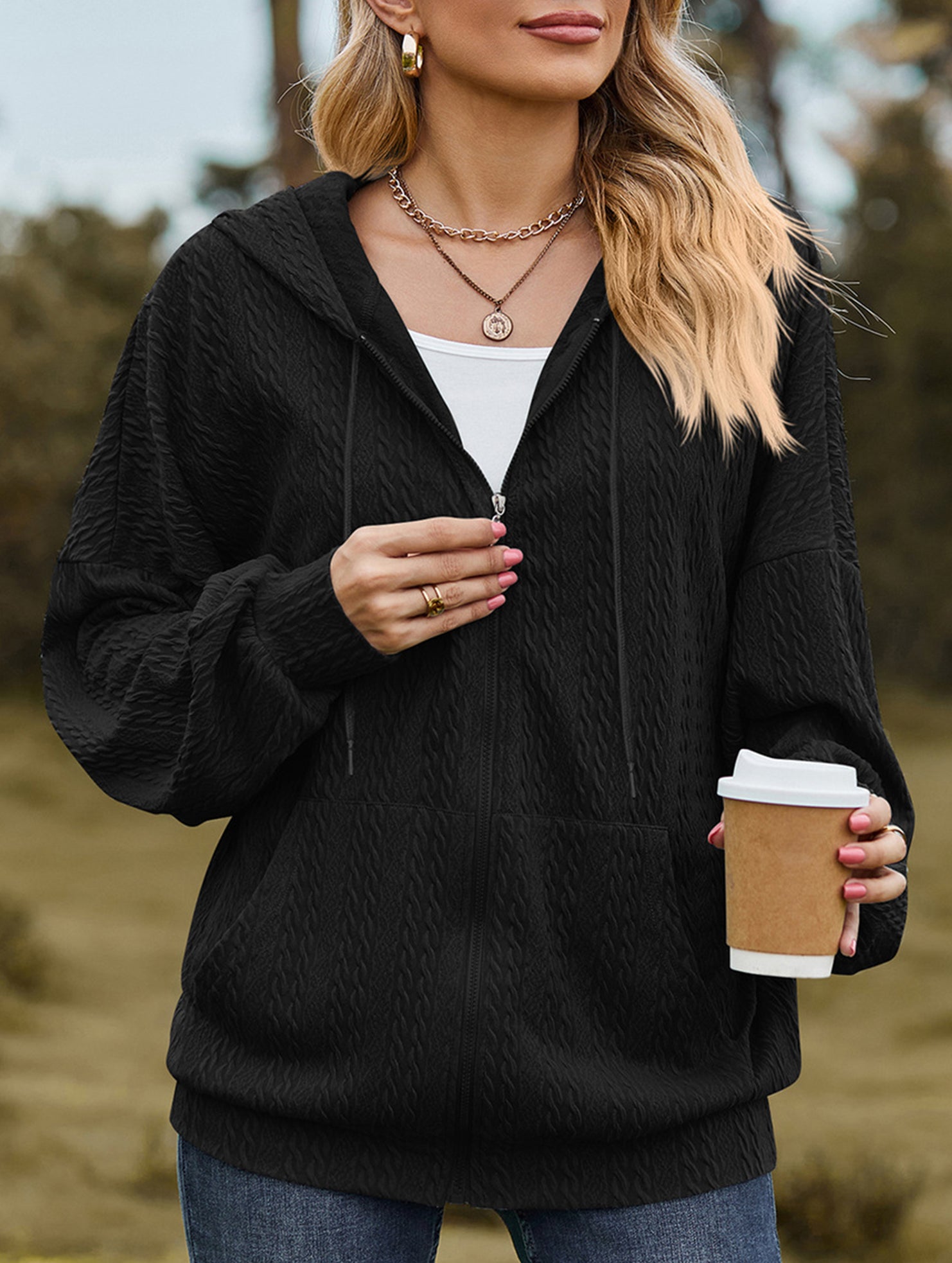 Pocket long-sleeved loose hooded sweatshirt