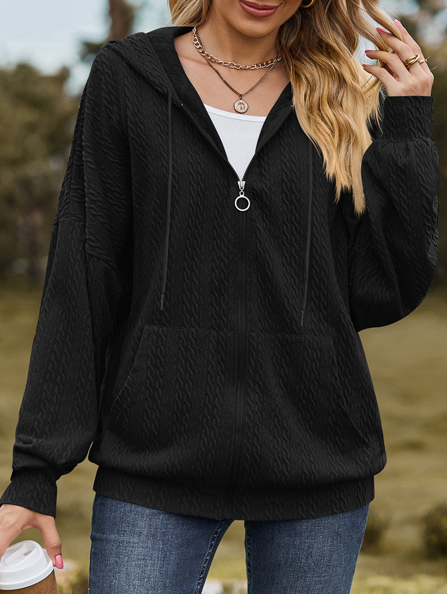 Pocket long-sleeved loose hooded sweatshirt