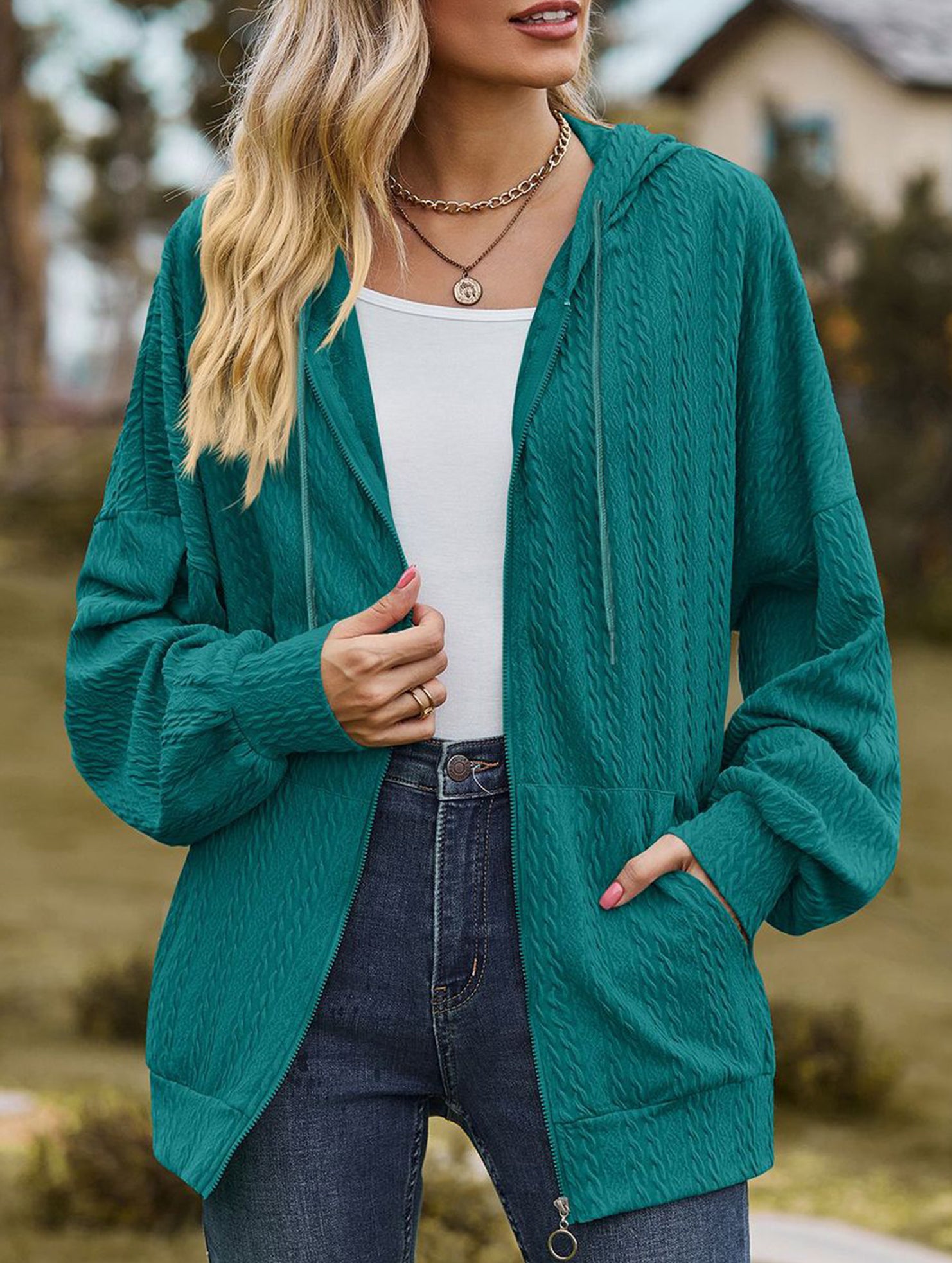 Pocket long-sleeved loose hooded sweatshirt