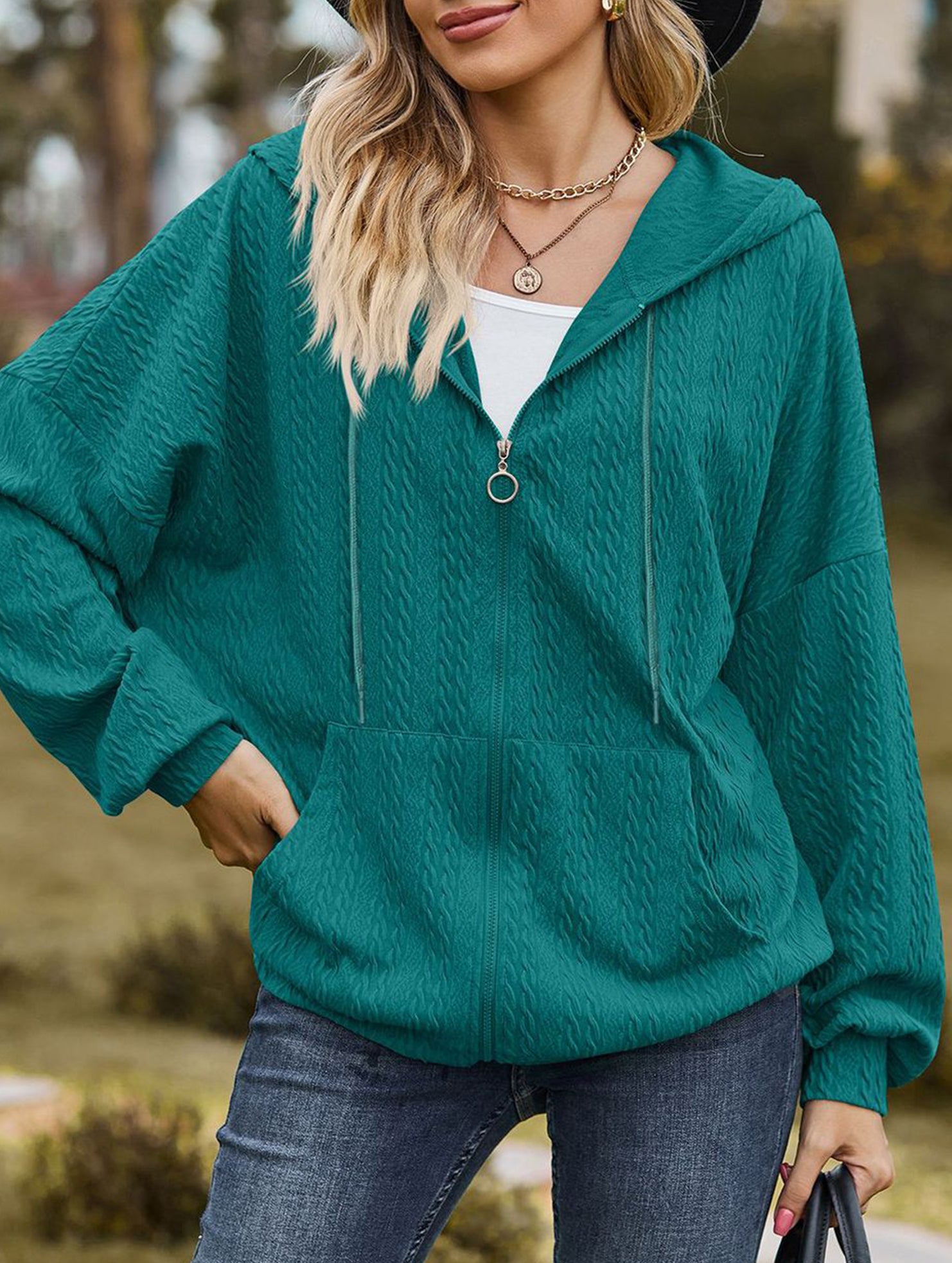 Pocket long-sleeved loose hooded sweatshirt