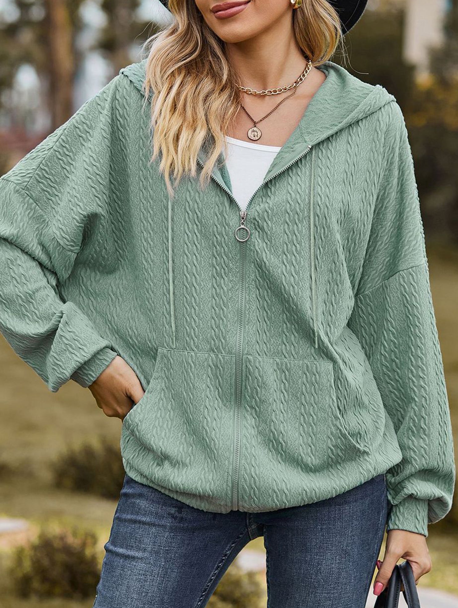 Pocket long-sleeved loose hooded sweatshirt