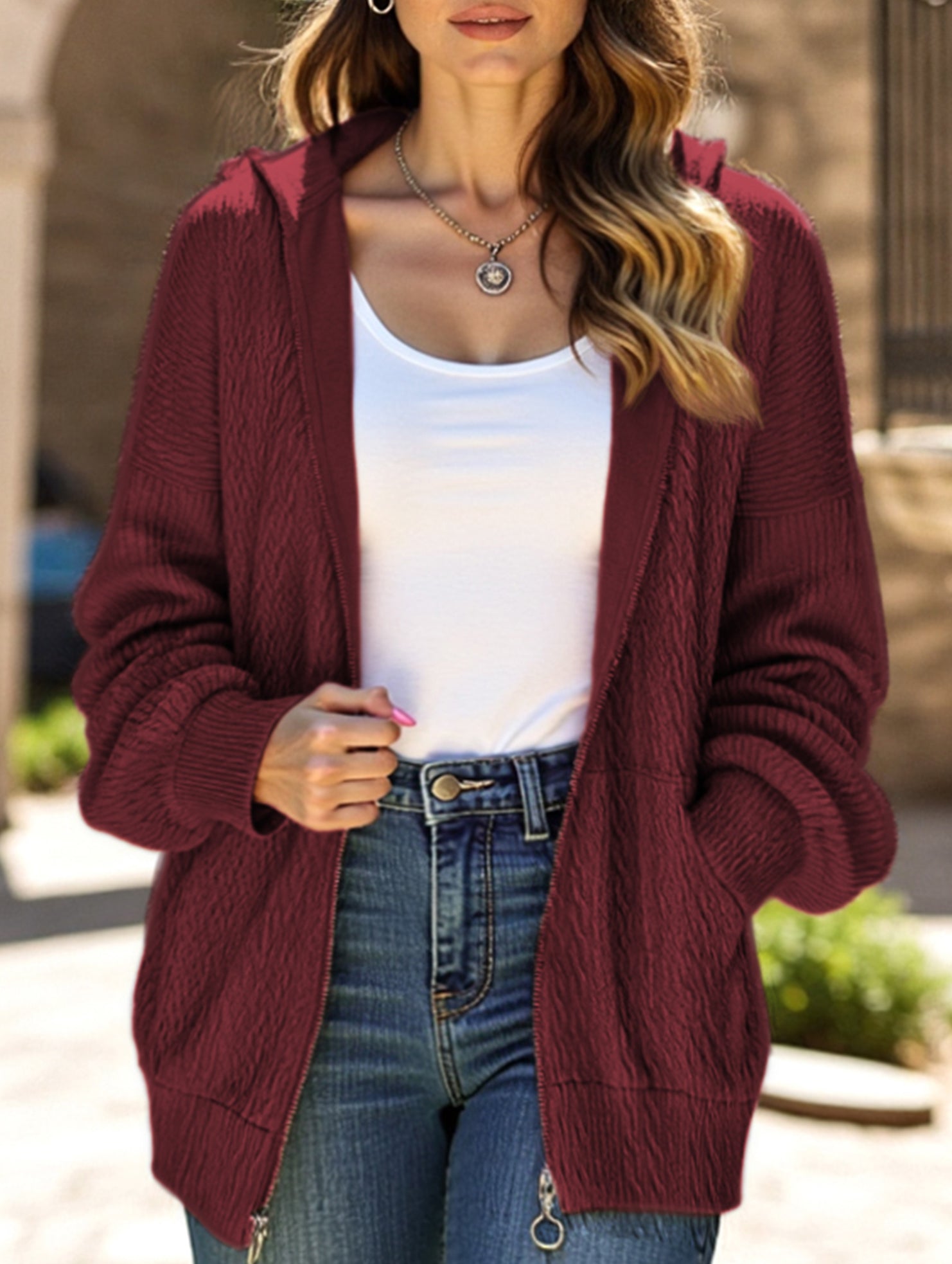 Pocket long-sleeved loose hooded sweatshirt