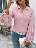 Loose-fitting puff-sleeved collared striped inner shirt