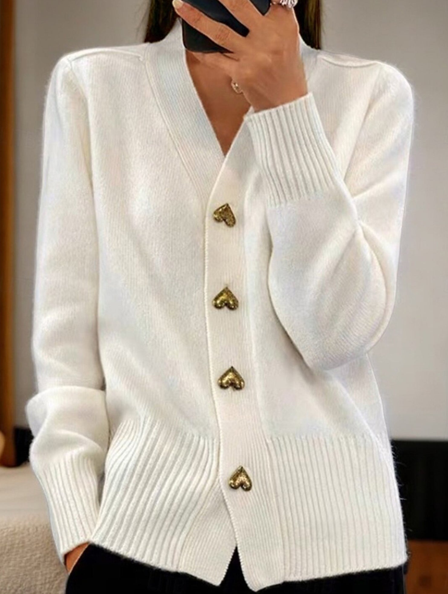 V-neck heart-button casual cardigan sweater