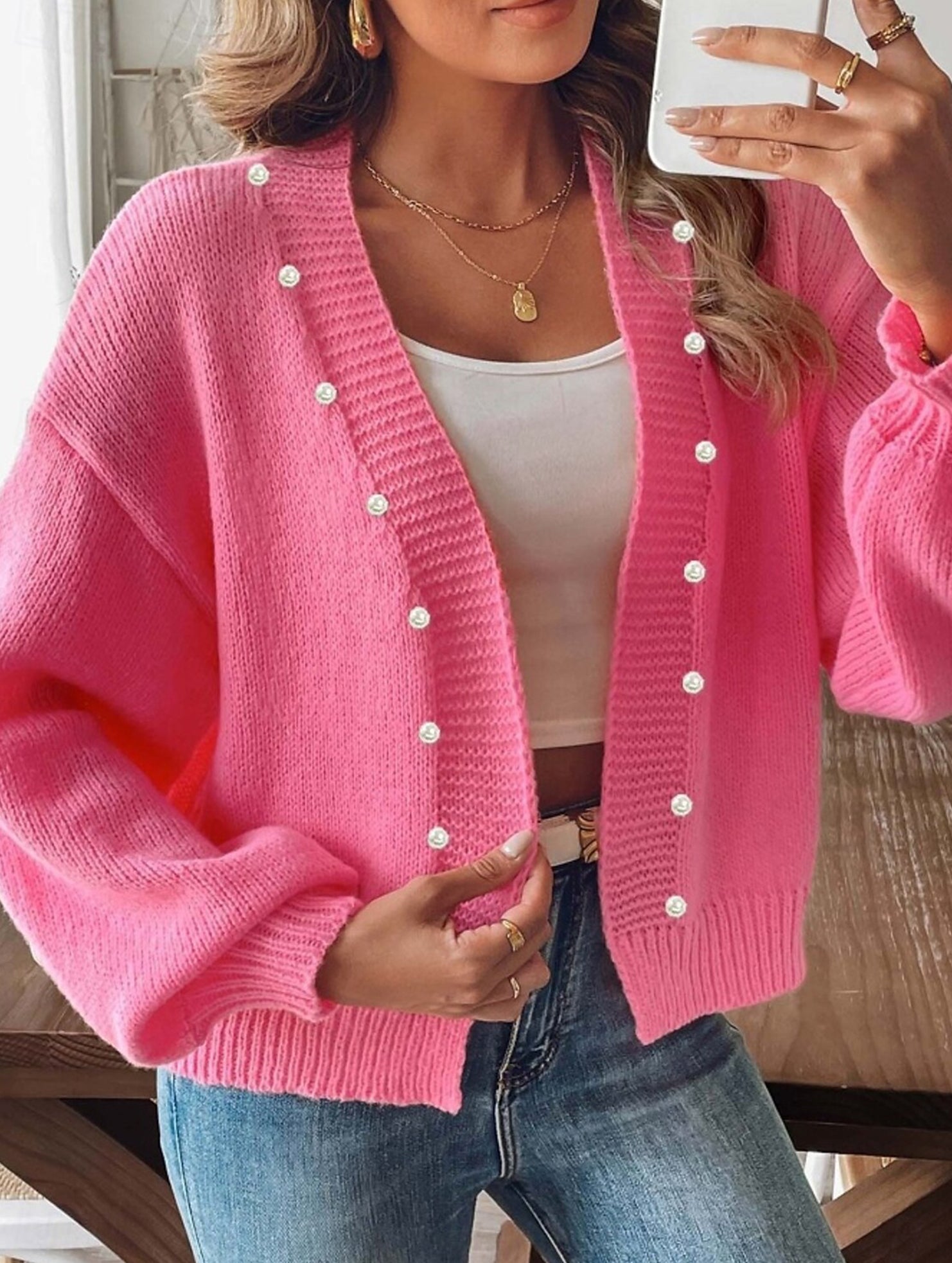 Women's pink button-down knit cardigan