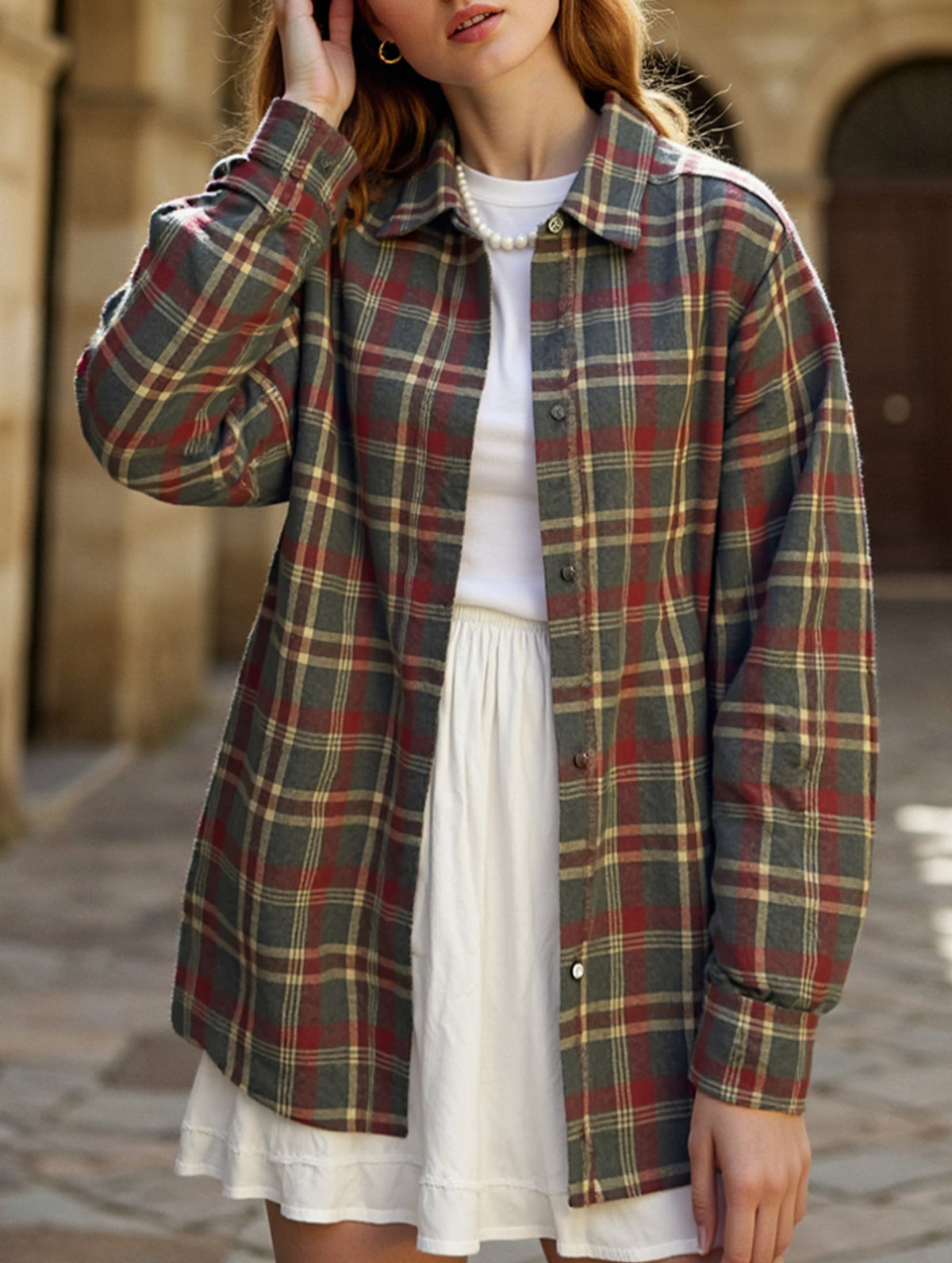 Retro plaid collared long-sleeved cardigan