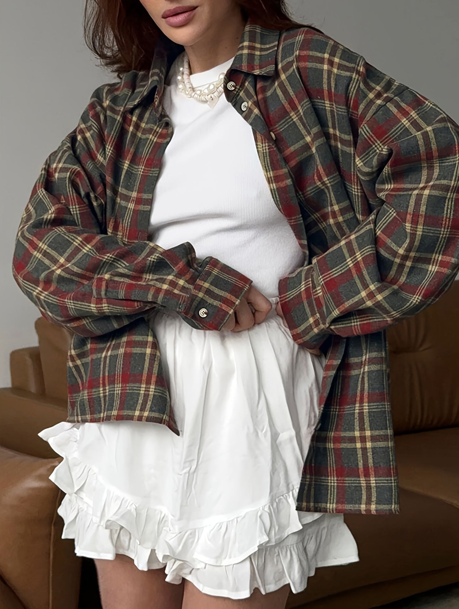 Retro plaid collared long-sleeved cardigan